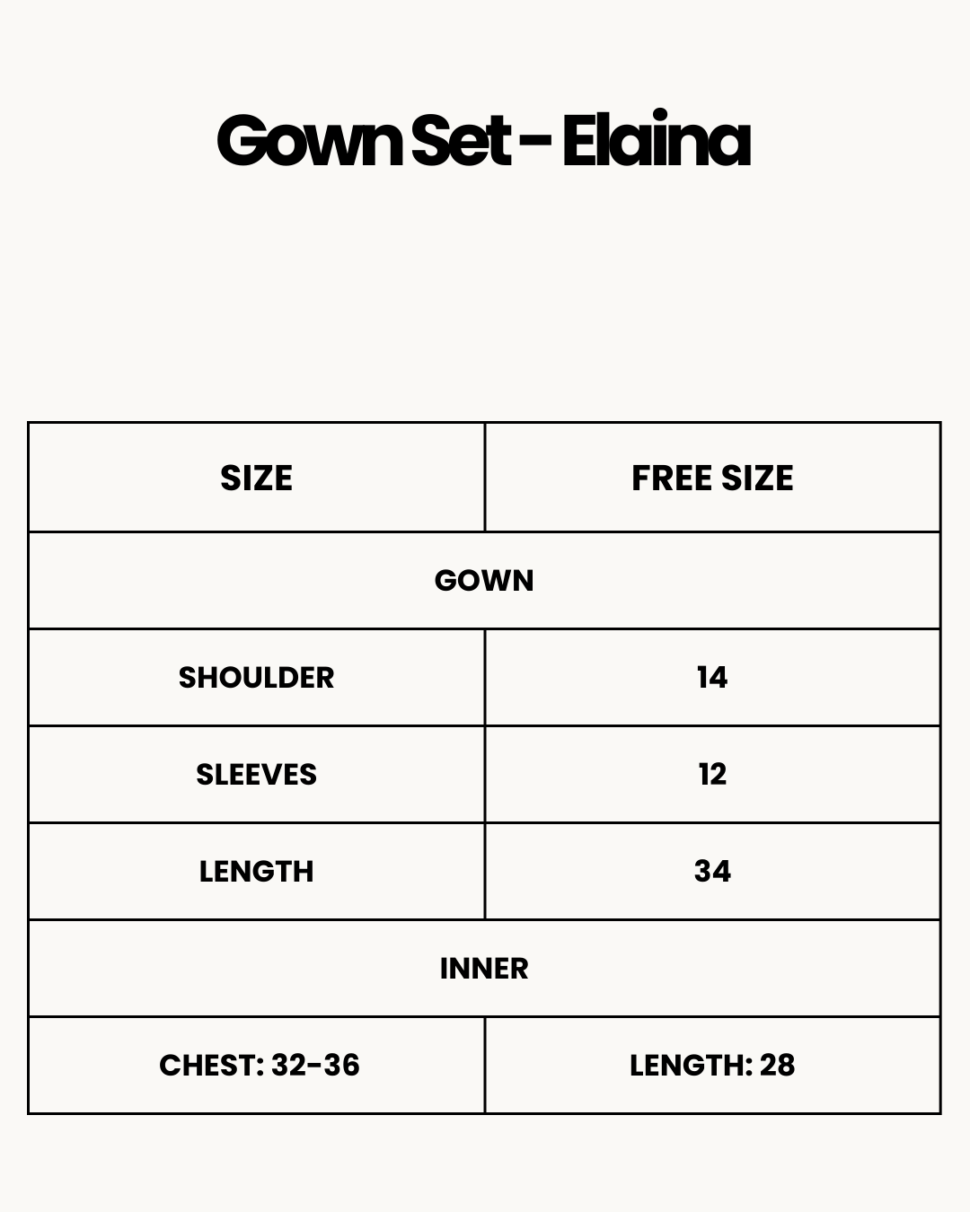 Size Chart for Gown Set - Elaina - Black