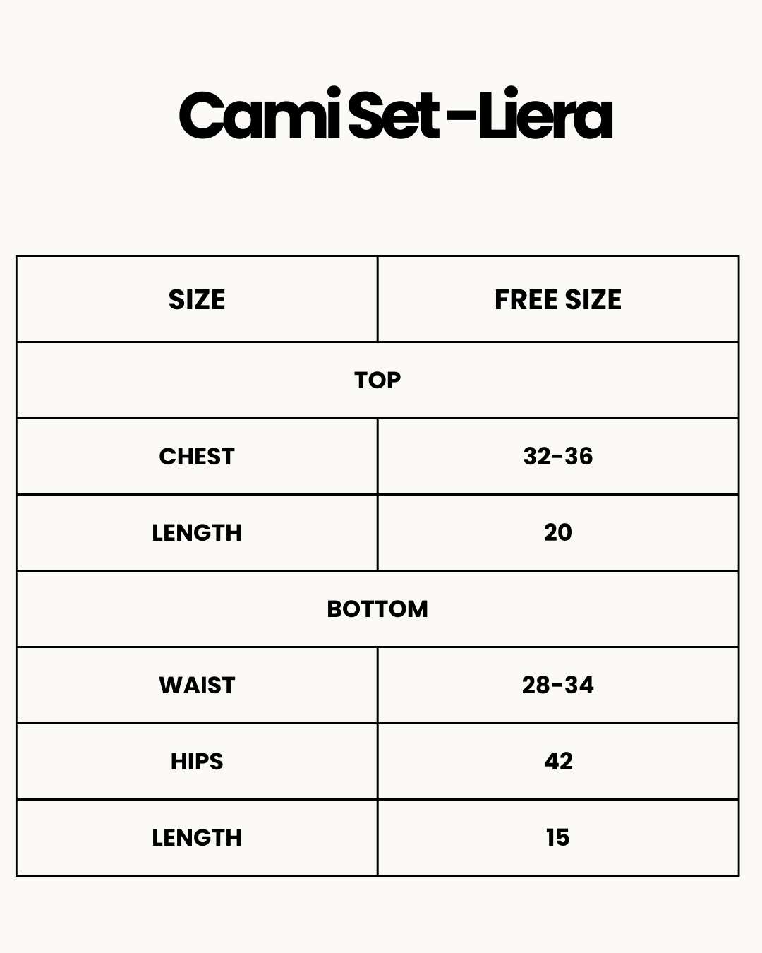 Size Chart for Cami Set -Liera