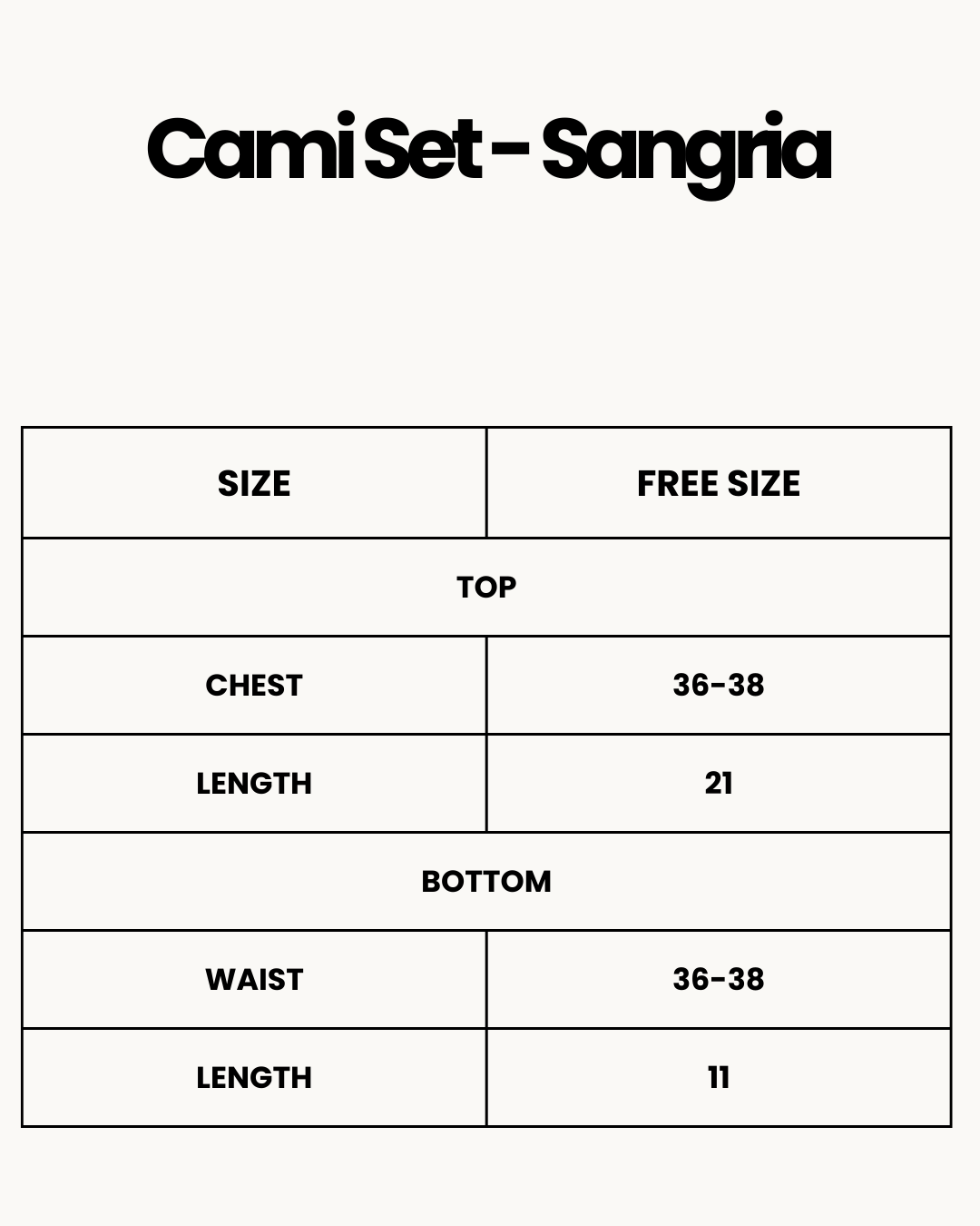 Size Chart for Cami Set - Sangria