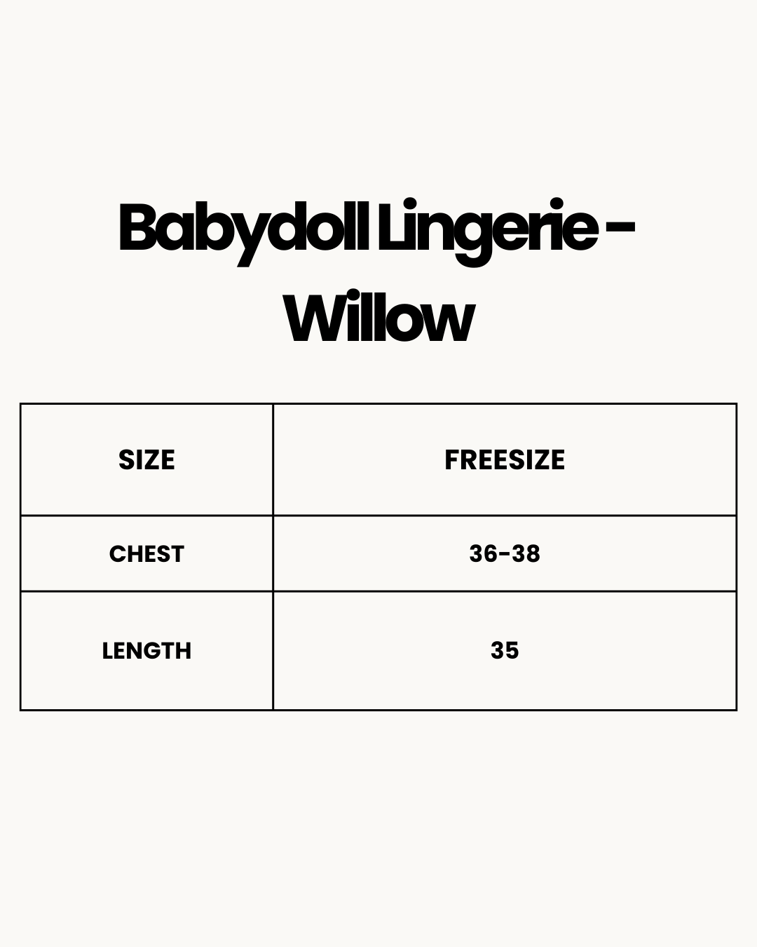 Size Chart for Babydoll Lingerie  -  Willow - Olive Green