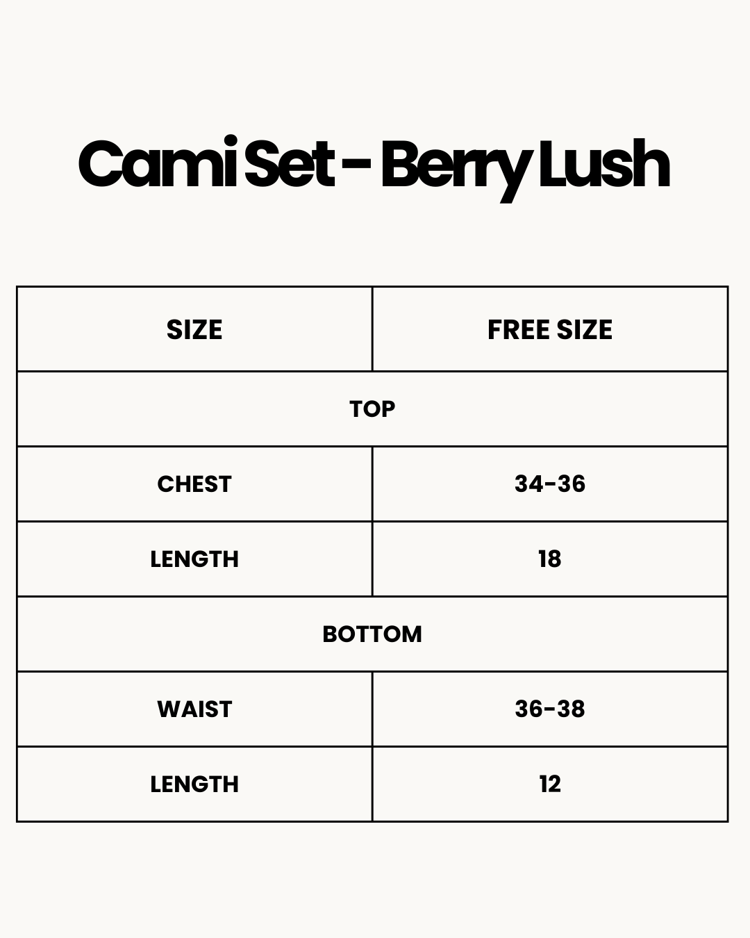Size Chart for Cami Set - Berry Lush - Pink