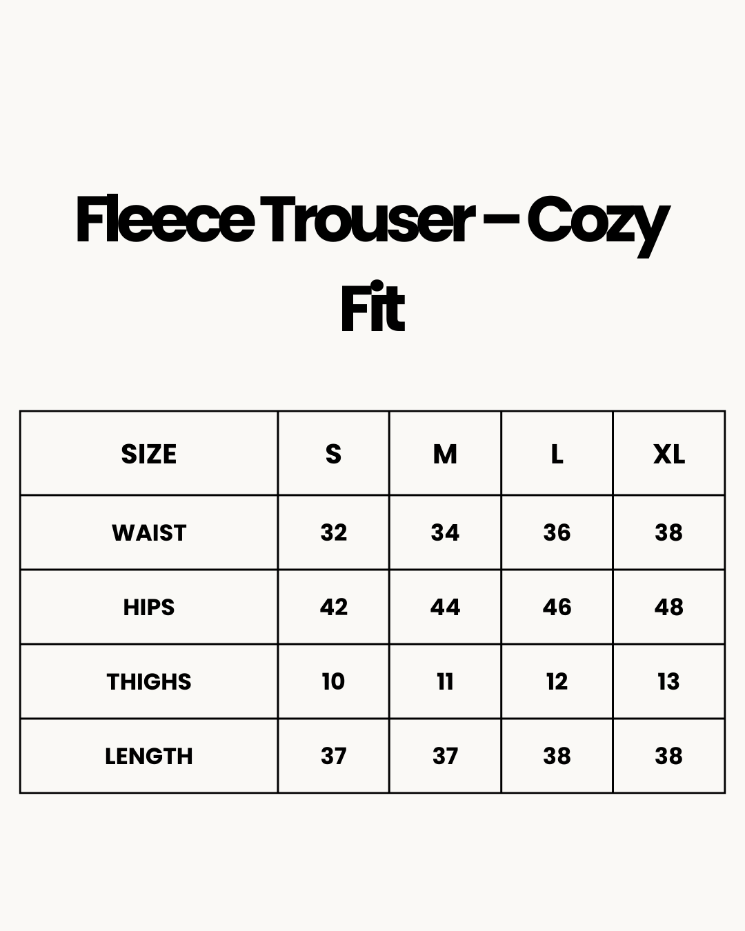 Size Chart for Fleece Trouser -Cozy Fit - Purple