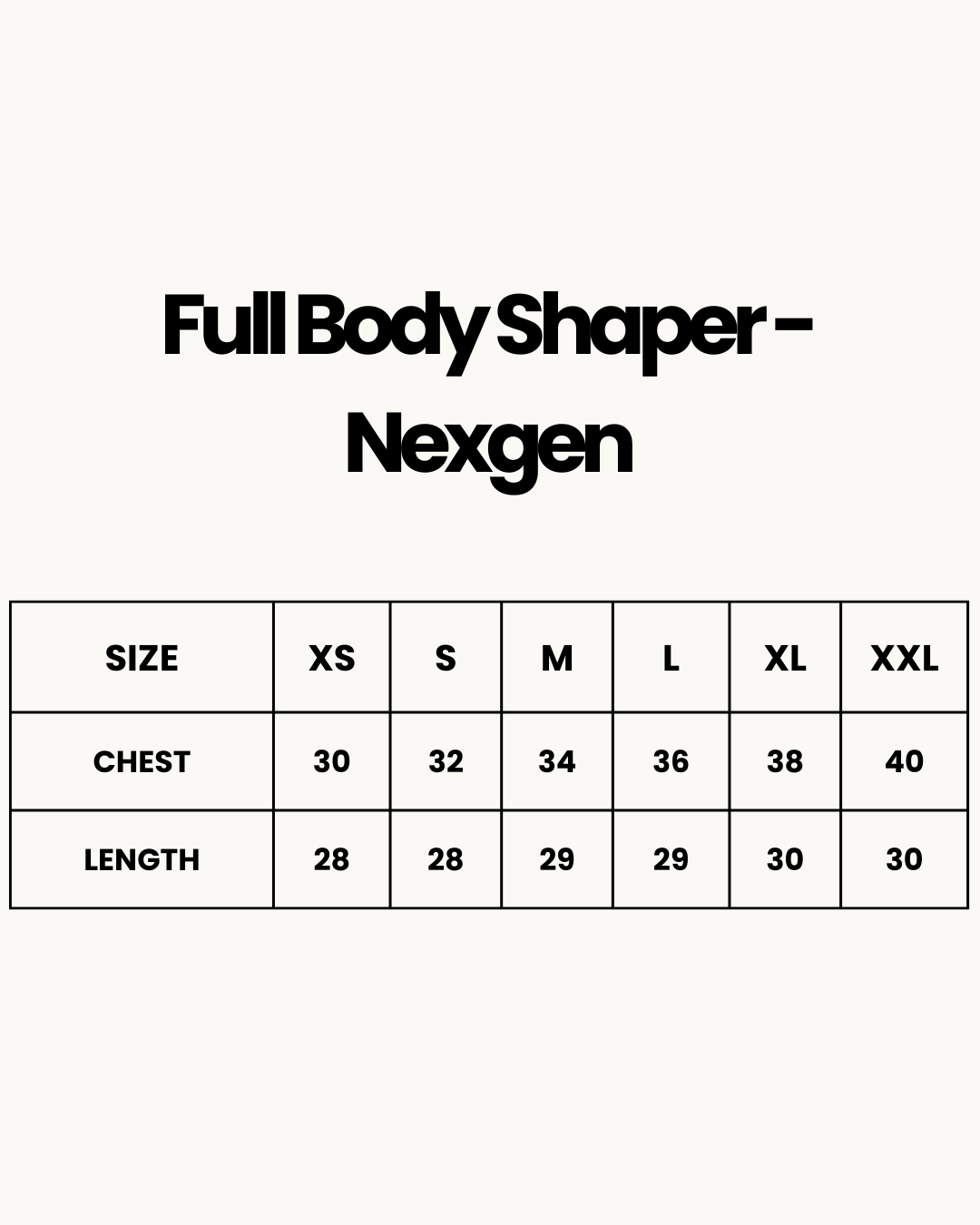 Size Chart for Full Body Shaper - Nexgen - Black