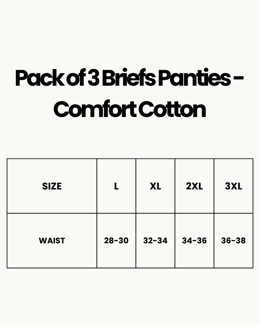 Size Chart for Pack of 3 Briefs Panties - Comfort Cotton