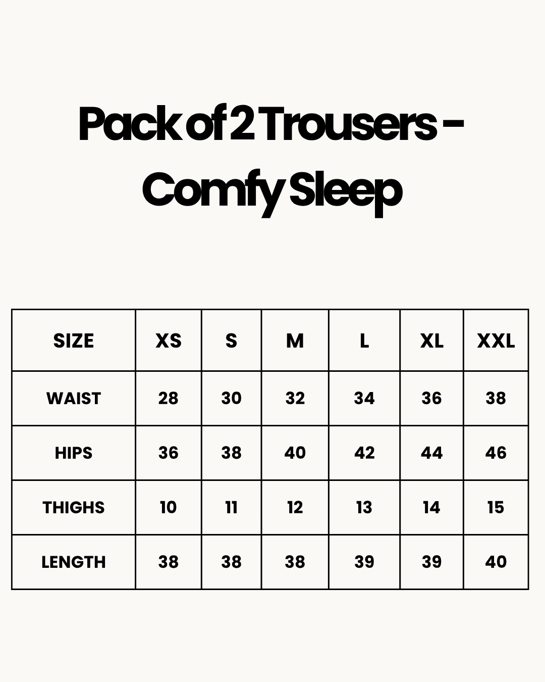 Size Chart for Pack of 2 Trousers - Comfy Sleep