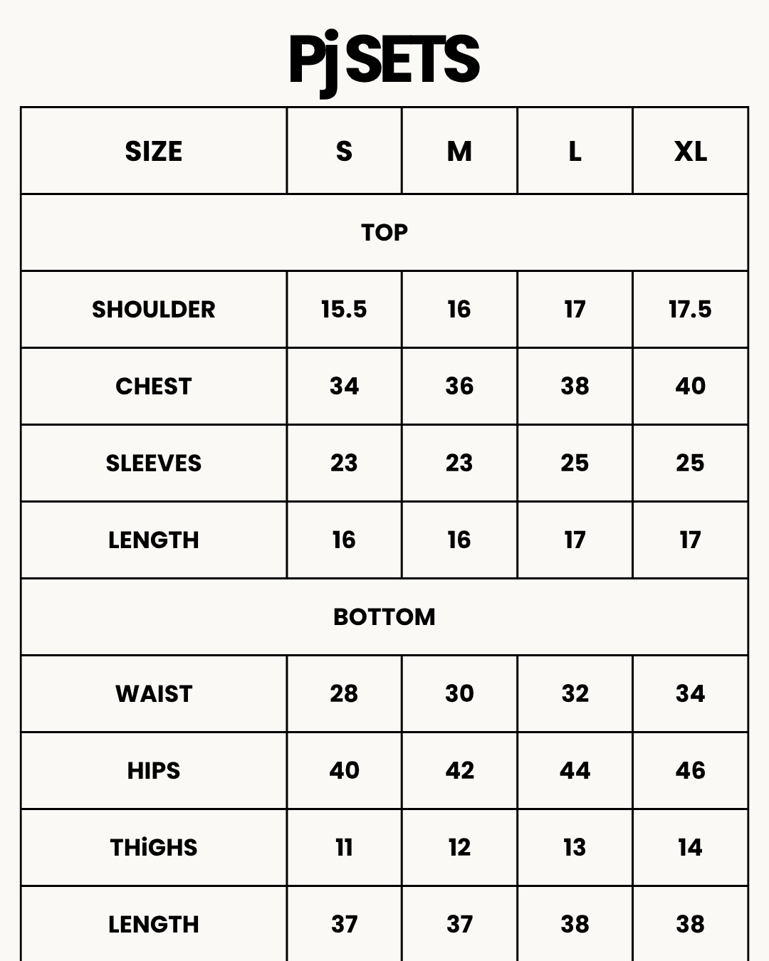 Size Chart for Cotton PJ Set - Midnight Comfort - Beige