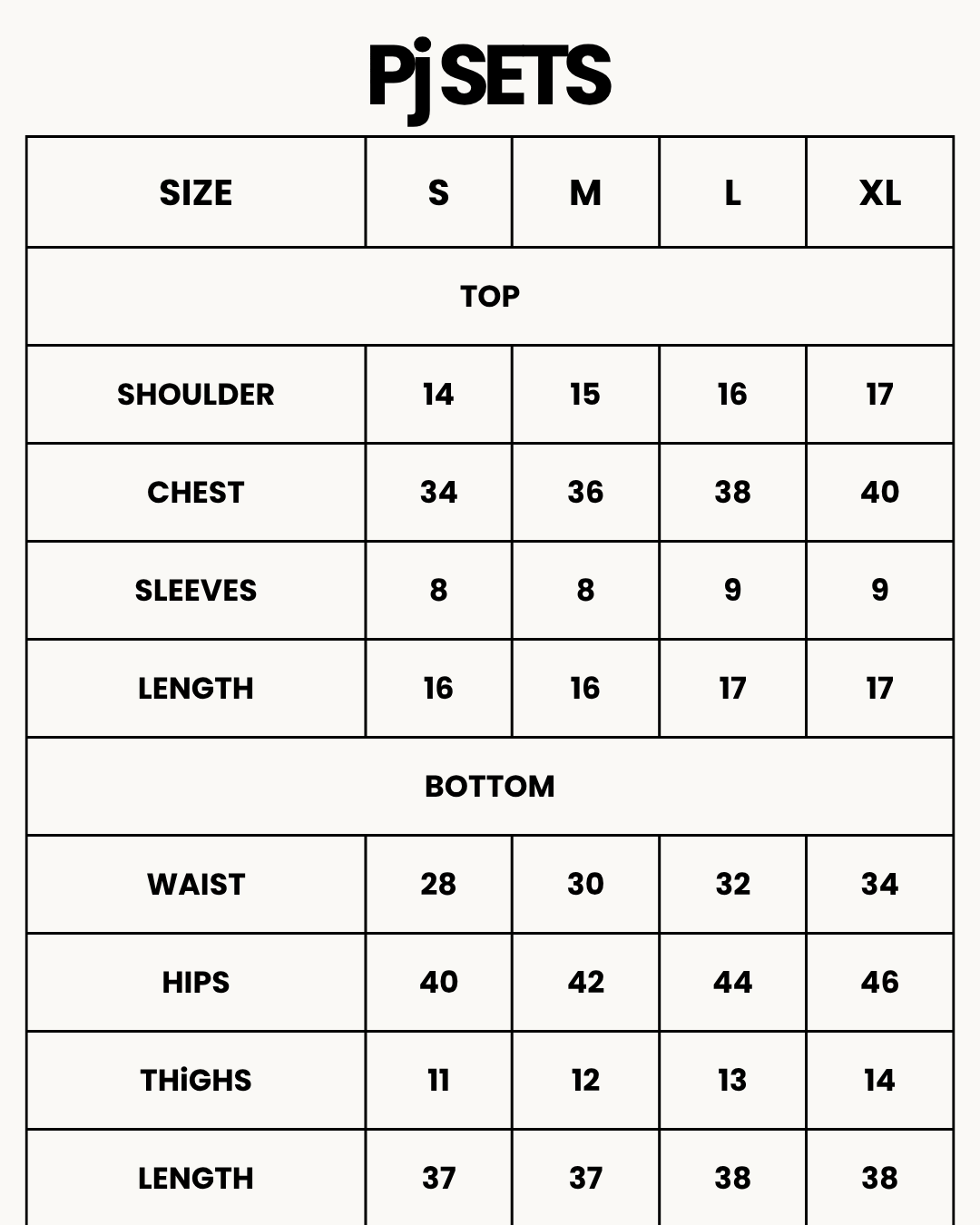 Size Chart for Textured Velvet PJ Set - Classic Lounge - Black