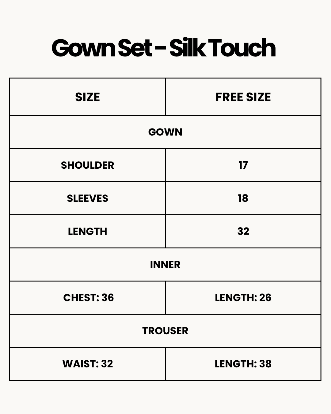 Size Chart for Gown Set - Silk Touch - Black
