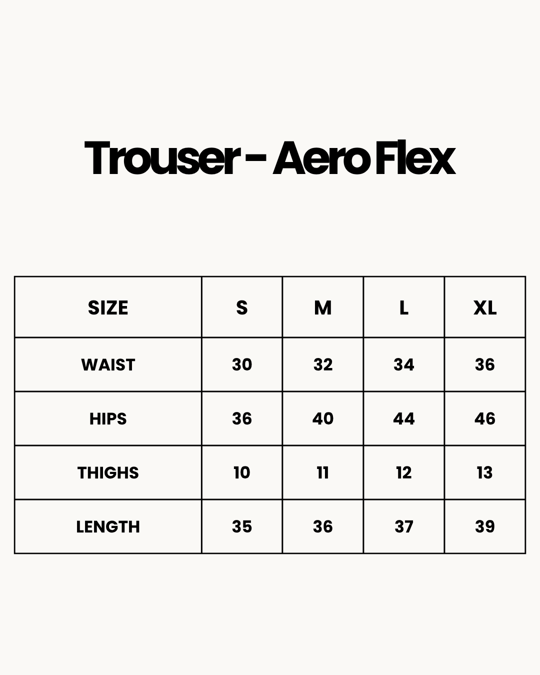 Size Chart for Trouser - Aero Flex - Grey