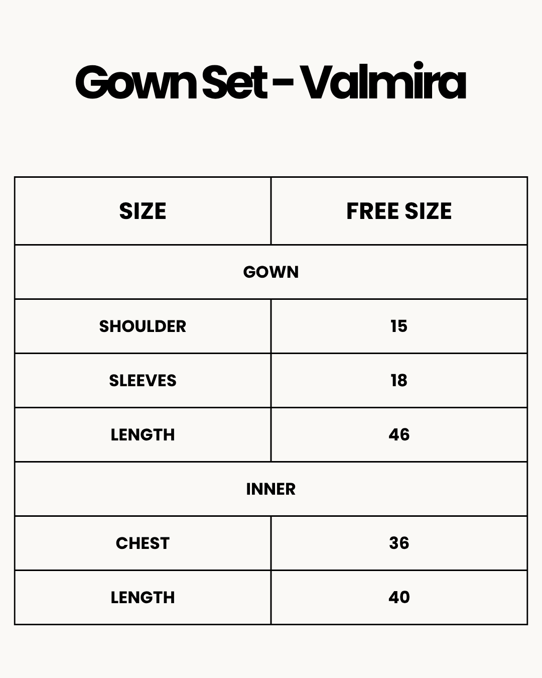 Size Chart for Gown Set - Valmira - Black