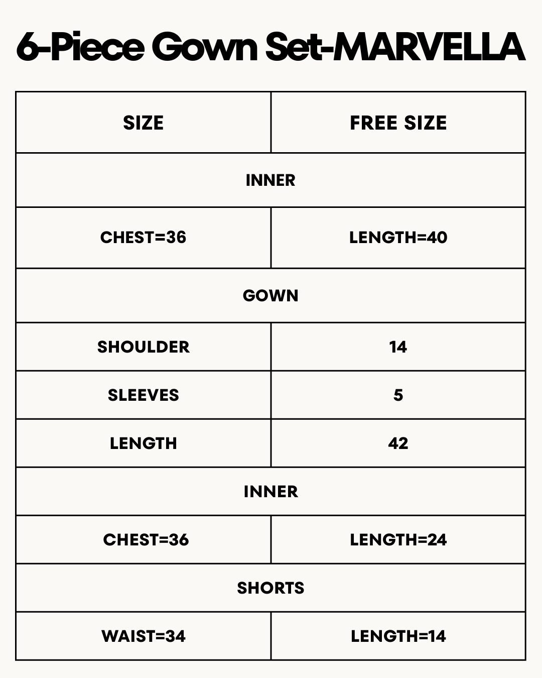 Size Chart for 6-Piece Pure Silk Nightwear Set - Marvella Maroon