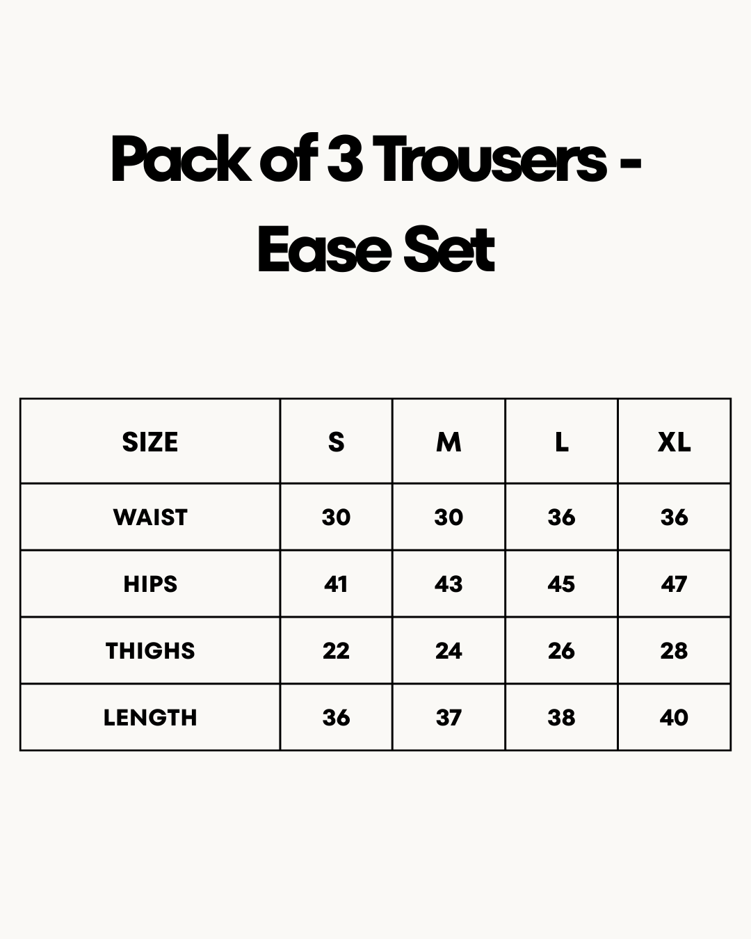 Size Chart for Pack of 3 Trousers - Ease Set