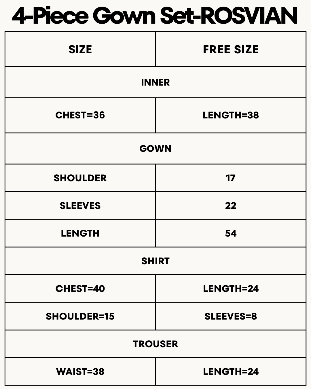 Size Chart for 4-Piece Pure Silk Nightwear Set - Rosvian Black