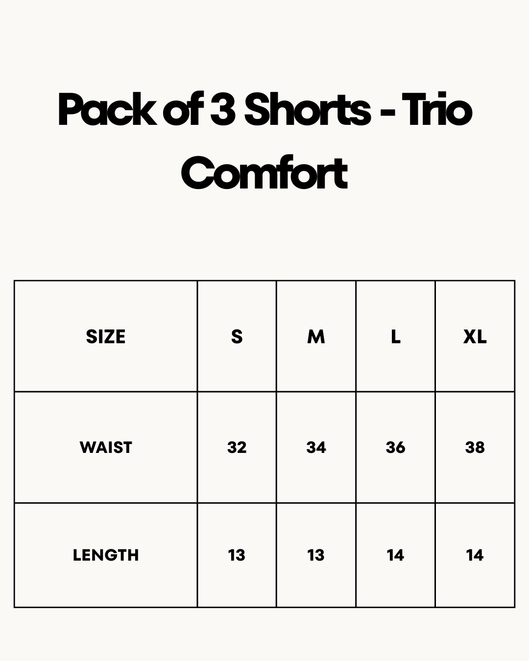 Size Chart for Pack of 3 Shorts - Trio Comfort
