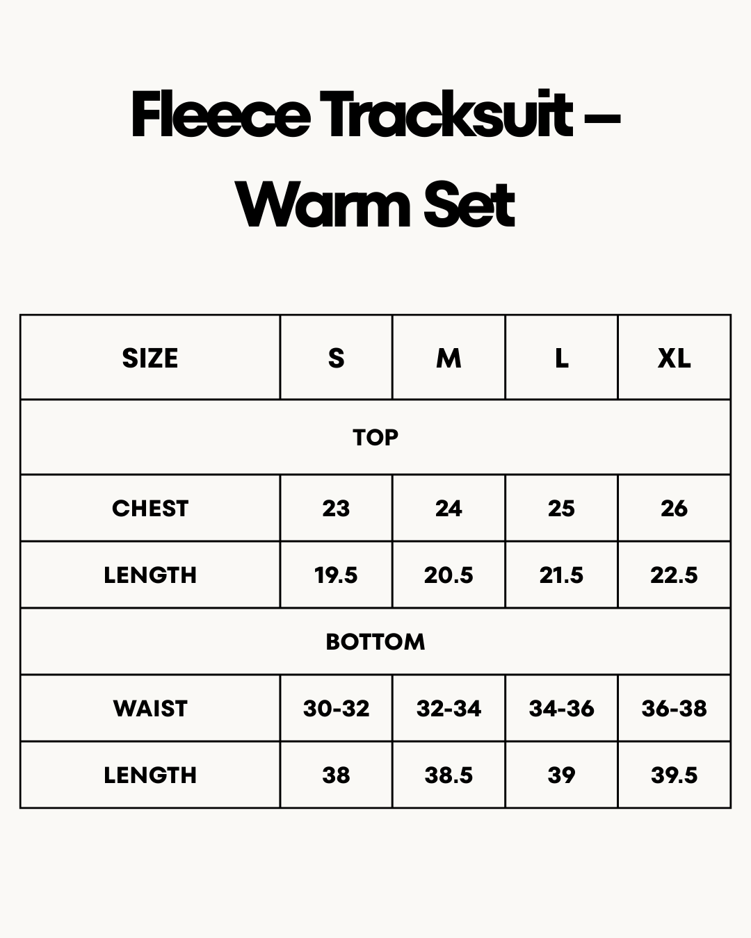 Size Chart for Fleece Tracksuit – Warm Set - Green