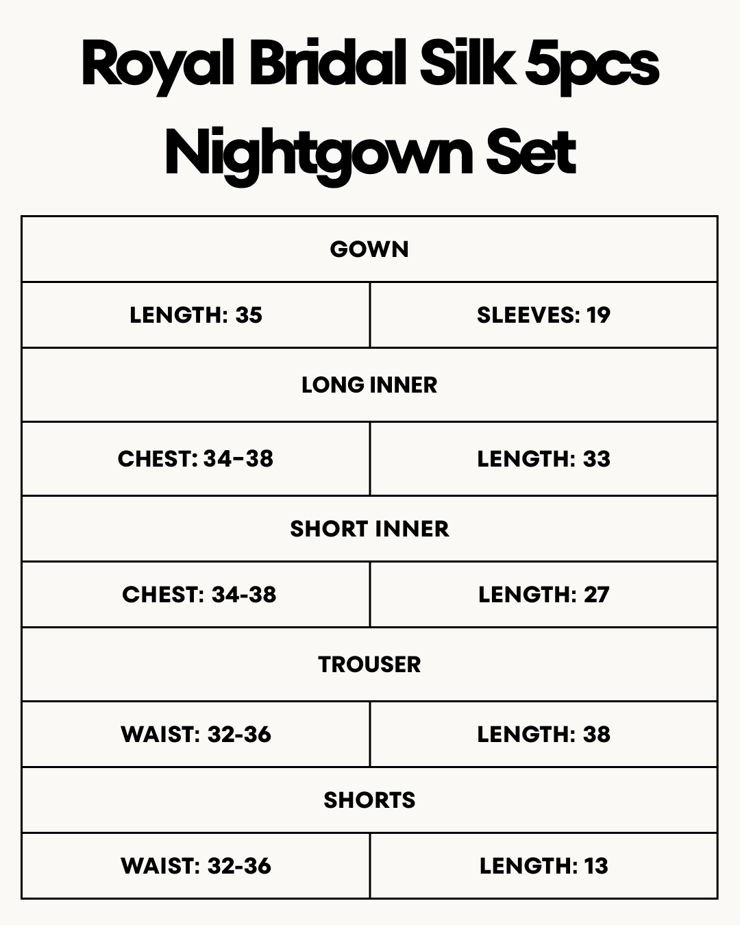 Size Chart for Royal Bridal Silk 5pcs Nightgown set