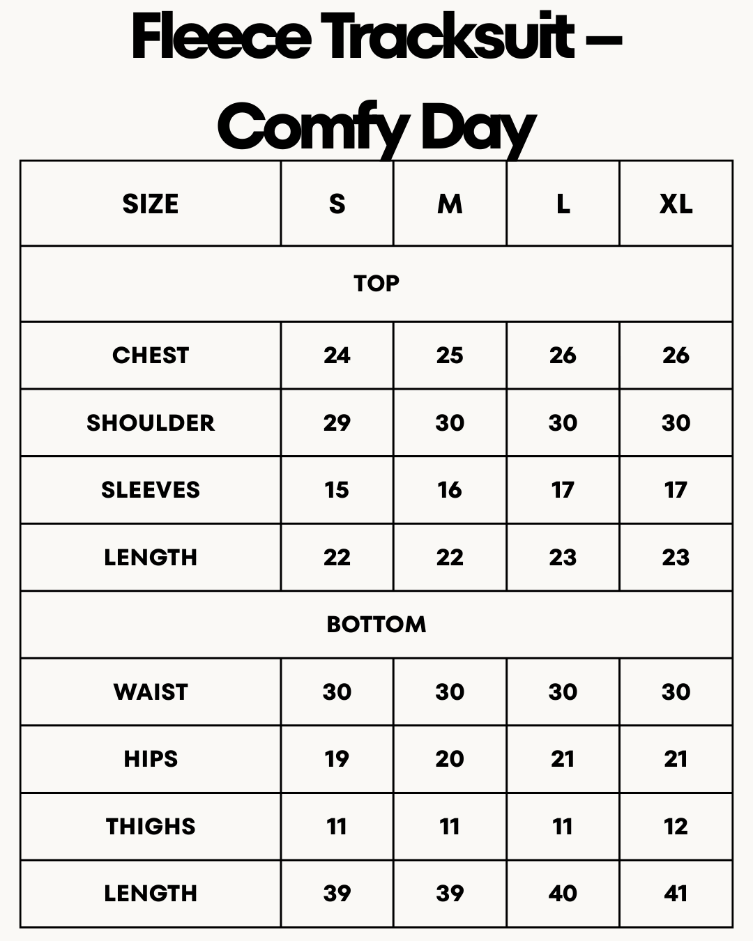 Size Chart for Fleece Tracksuit – Comfy Day - Lemon