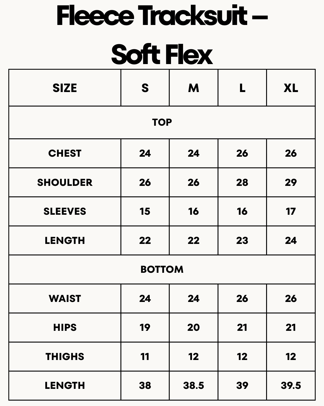 Size Chart for Fleece Tracksuit – Soft Flex - Aqua