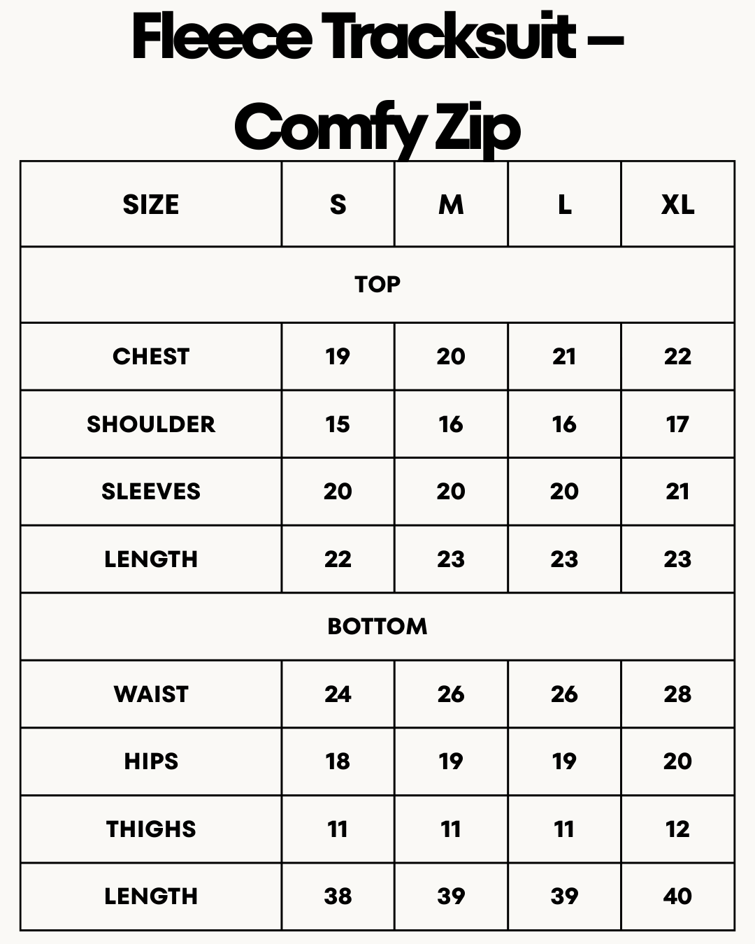 Size Chart for Fleece Tracksuit -Comfy Zip - Pink
