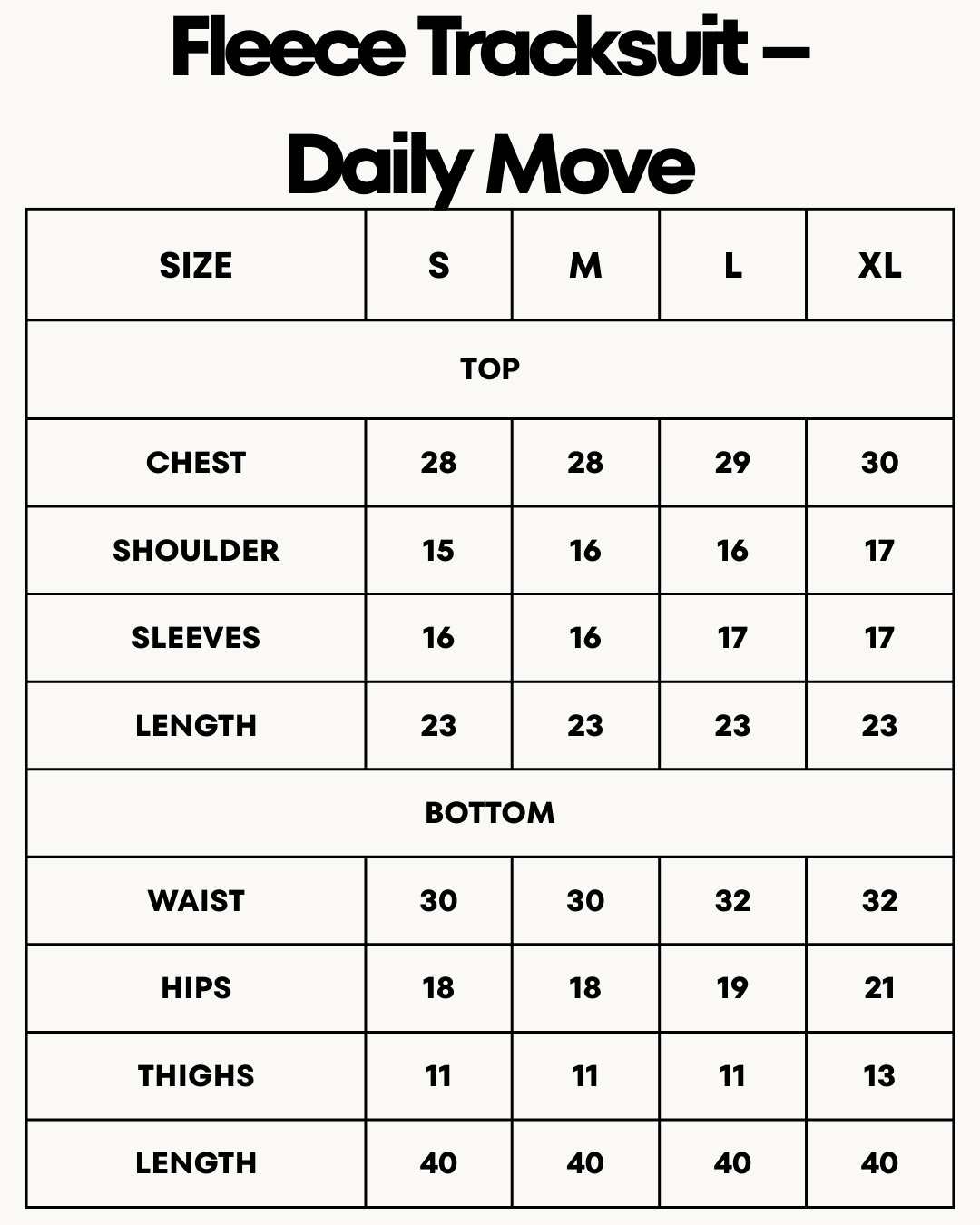 Size Chart for Fleece Tracksuit – Daily Move - Black