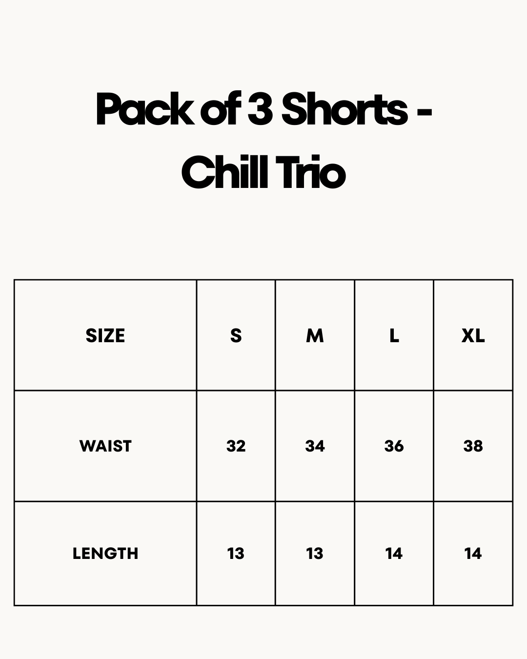 Size Chart for Pack of 3 Shorts - Chill Trio