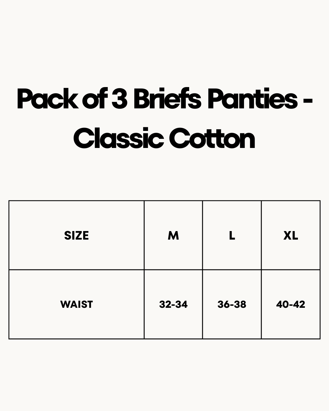 Size Chart for Pack of 3 Briefs Panties - Classic Cotton
