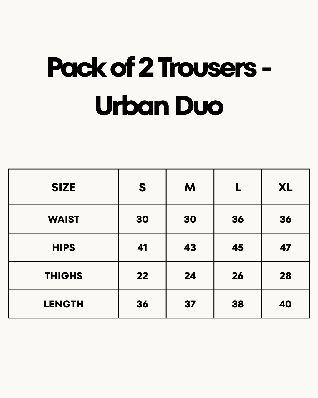 Size Chart for Pack of 2 Trousers - Urban Duo