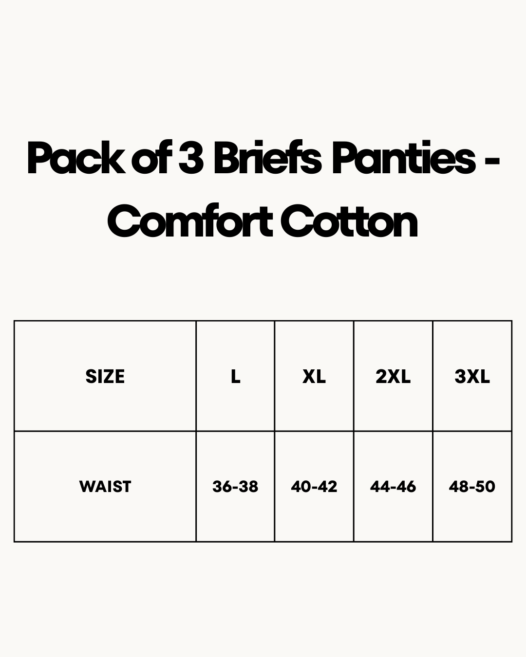 Size Chart for Pack of 3 Briefs Panties - Comfort Cotton