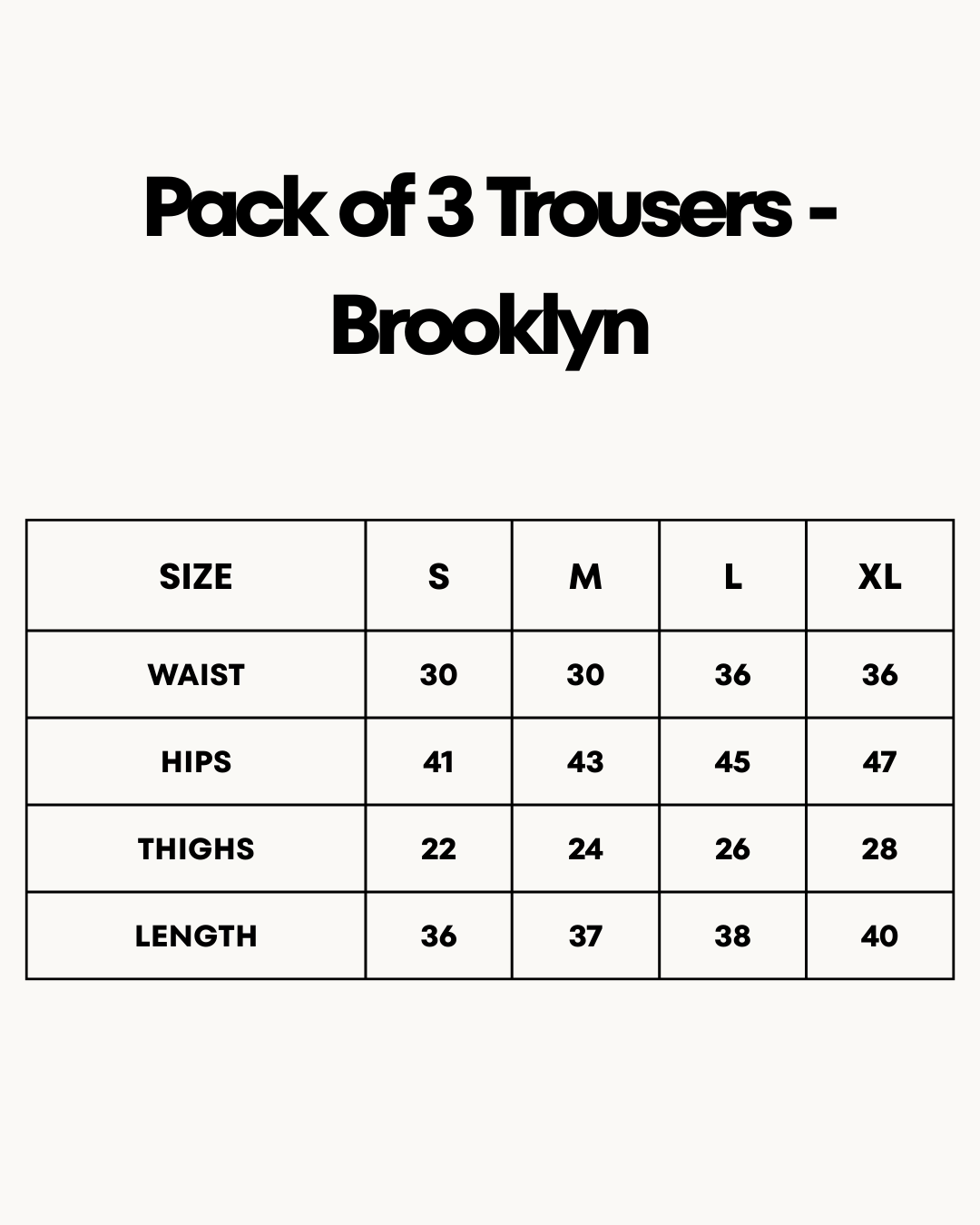Size Chart for Pack of 3 Trousers - Brooklyn