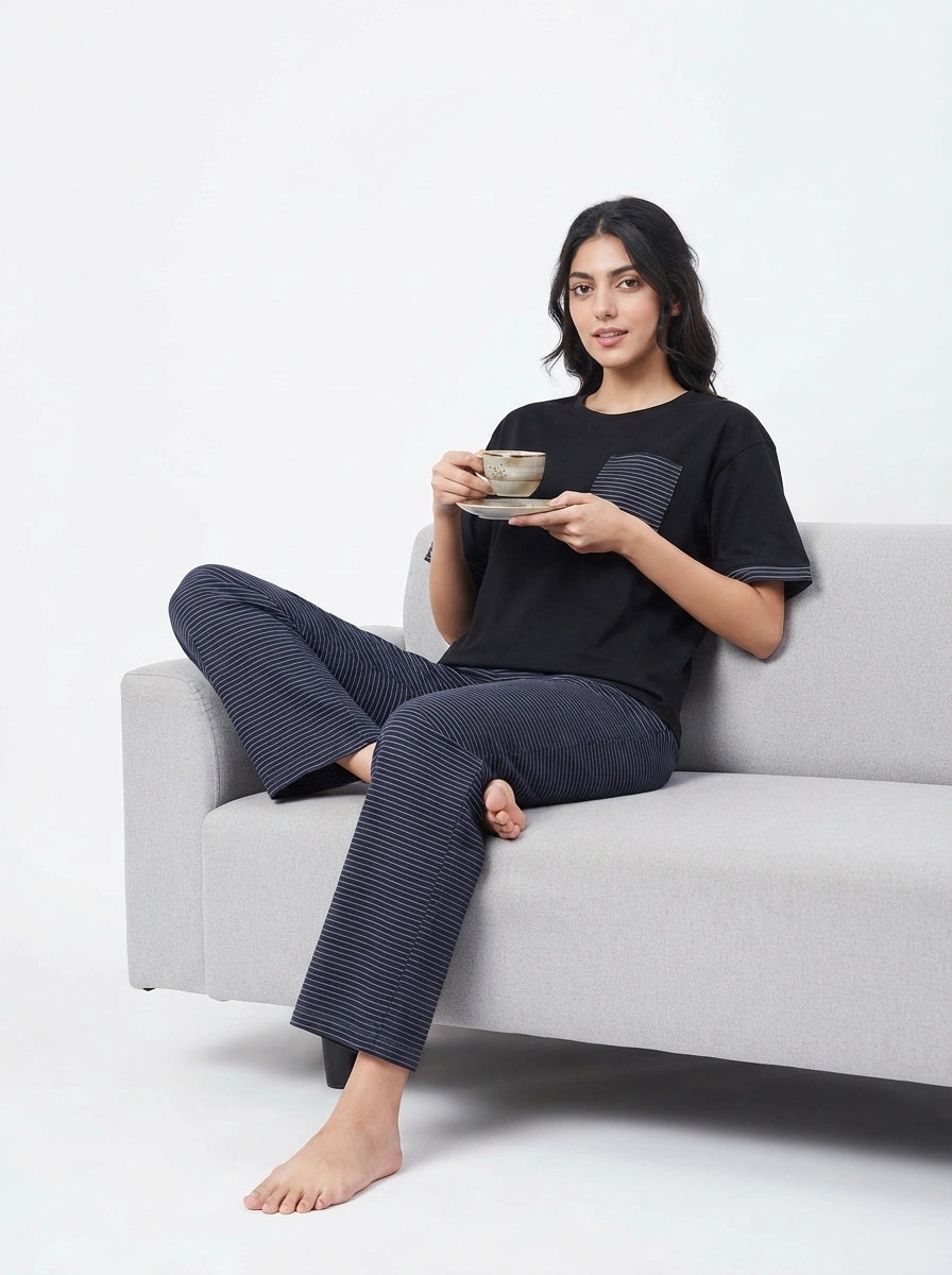 Drop Shoulder Cotton PJ Set - Softly - Navy Blue