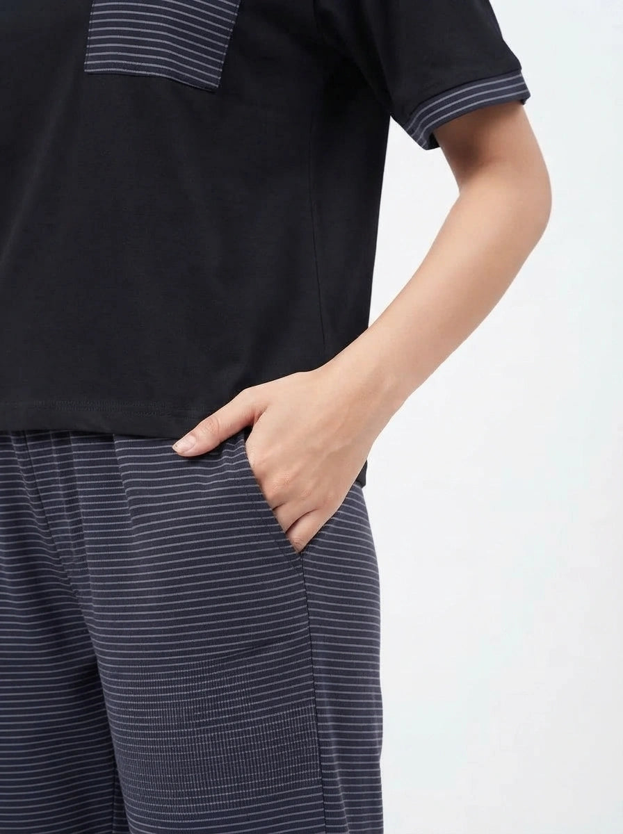 Drop Shoulder Cotton PJ Set - Softly - Navy Blue