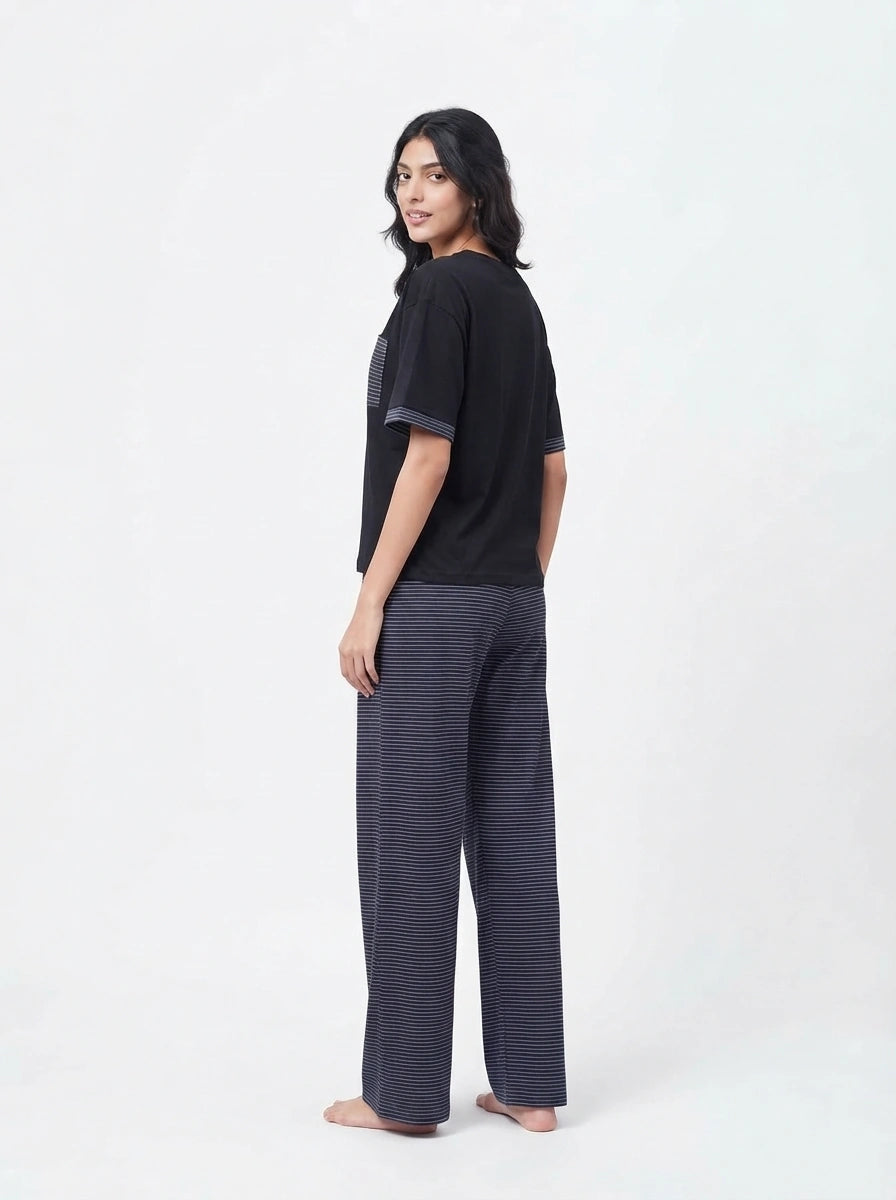 Drop Shoulder Cotton PJ Set - Softly - Navy Blue