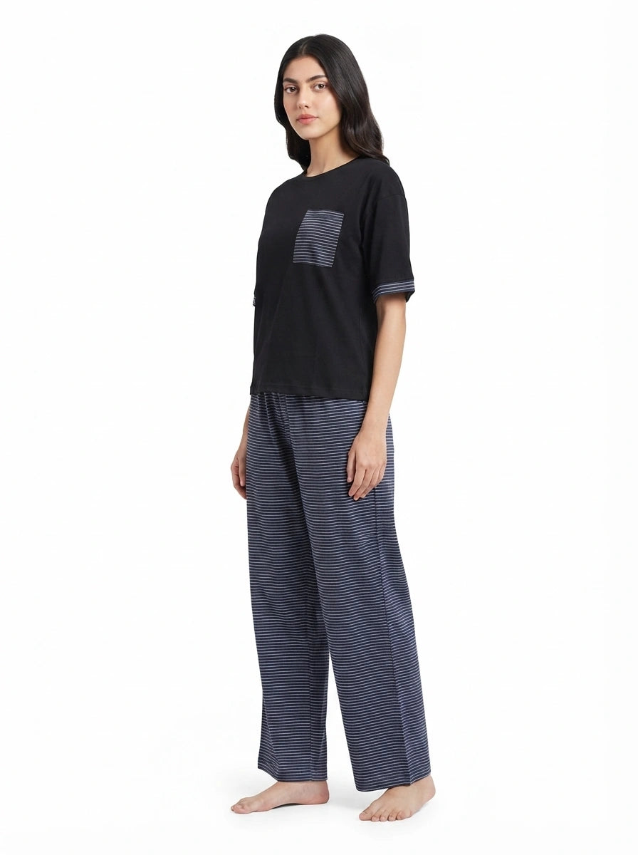 Drop Shoulder Cotton PJ Set - Softly - Navy Blue