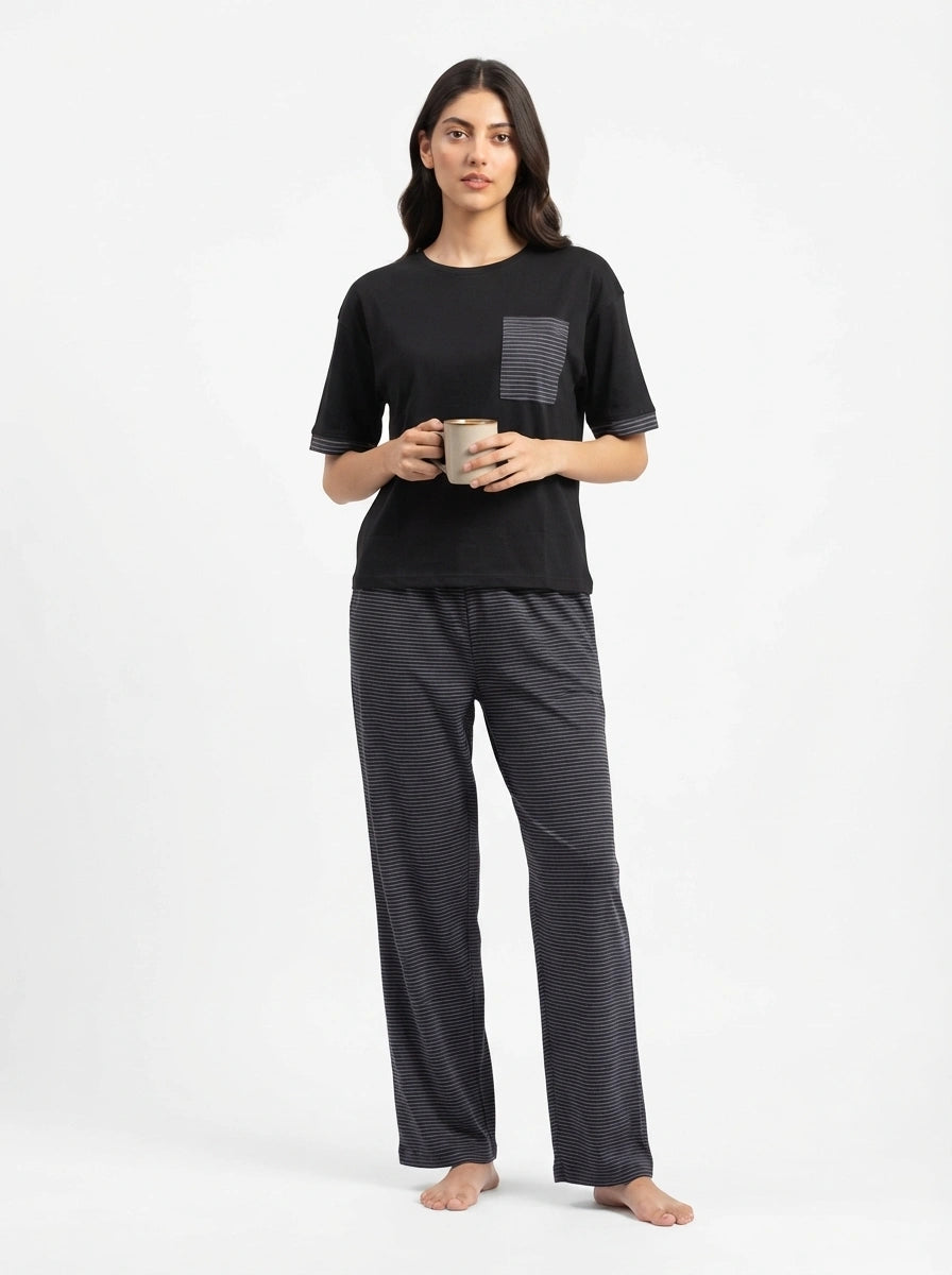Drop Shoulder Cotton PJ Set - Softly - Navy Blue