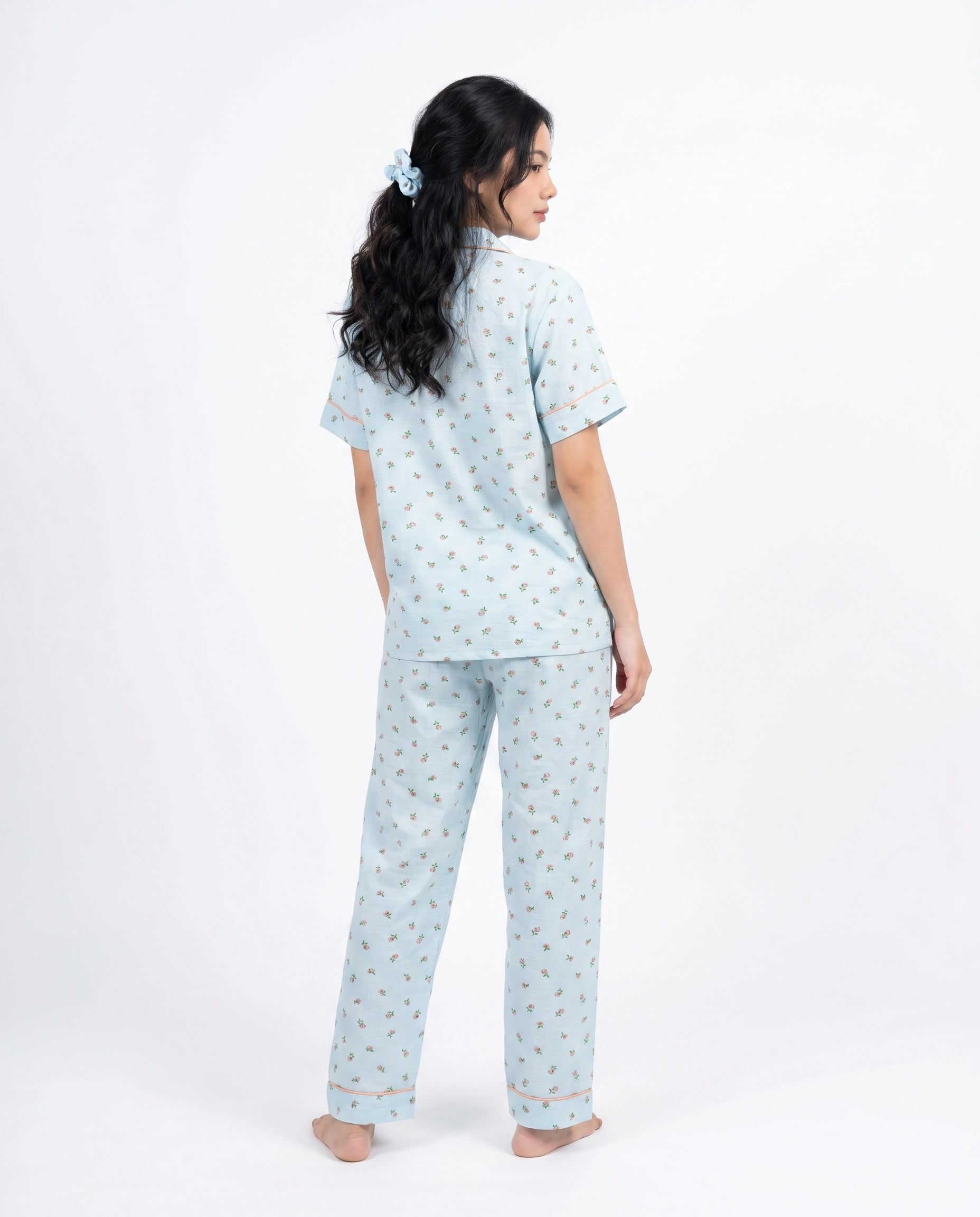 Summer Crinkled Pajama Suit - Flora - Blue