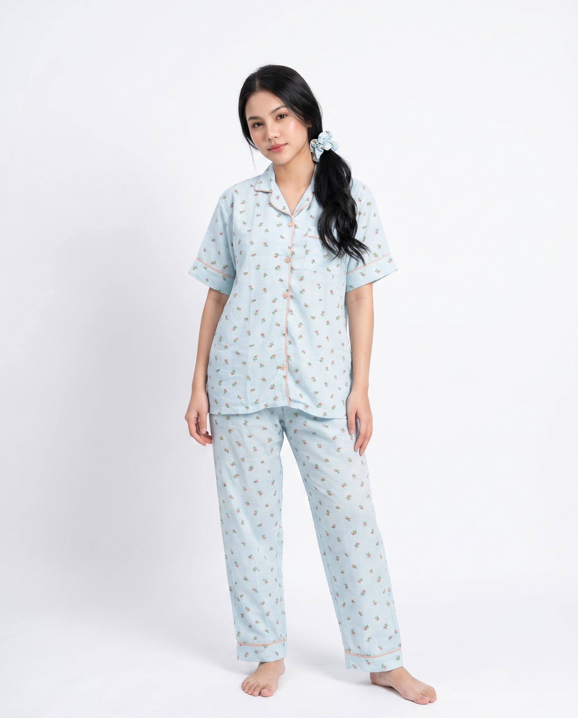 Summer Crinkled Pajama Suit - Flora - Blue