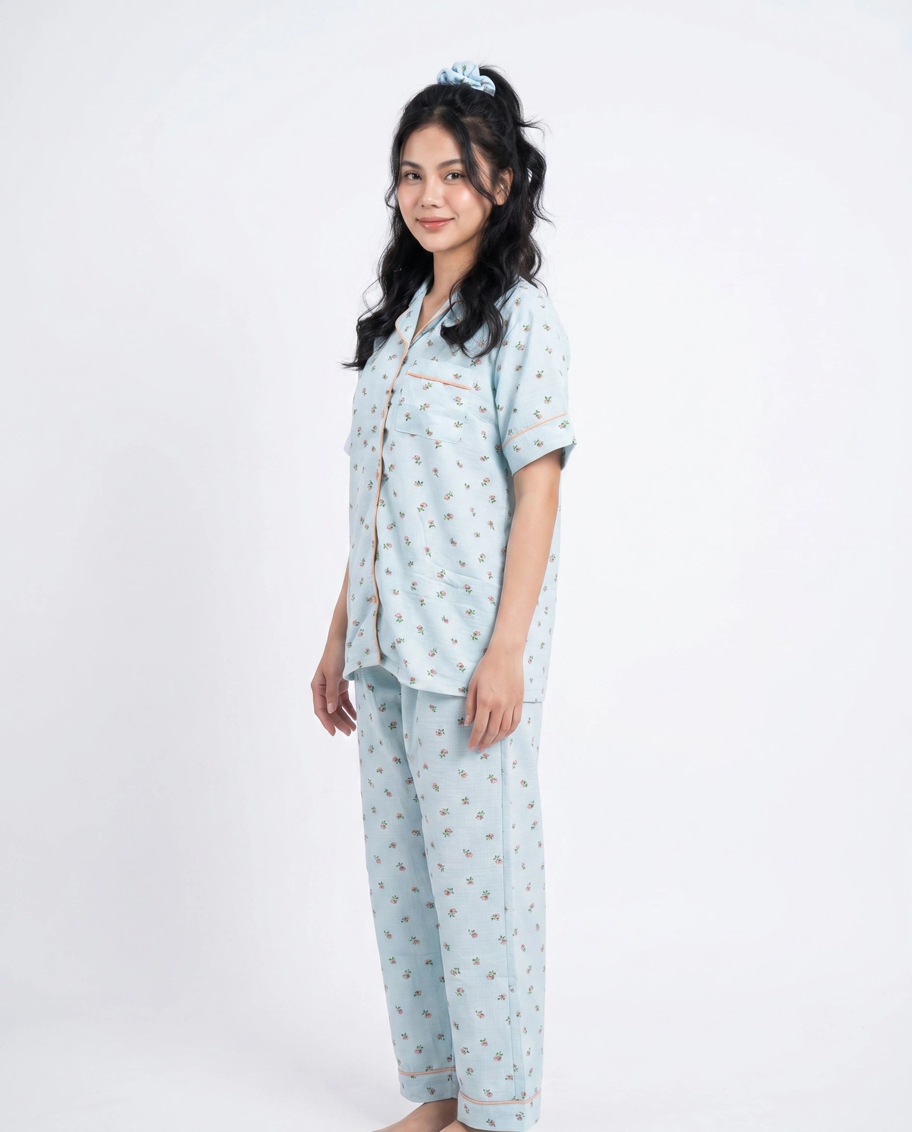 Summer Crinkled Pajama Suit - Flora - Blue