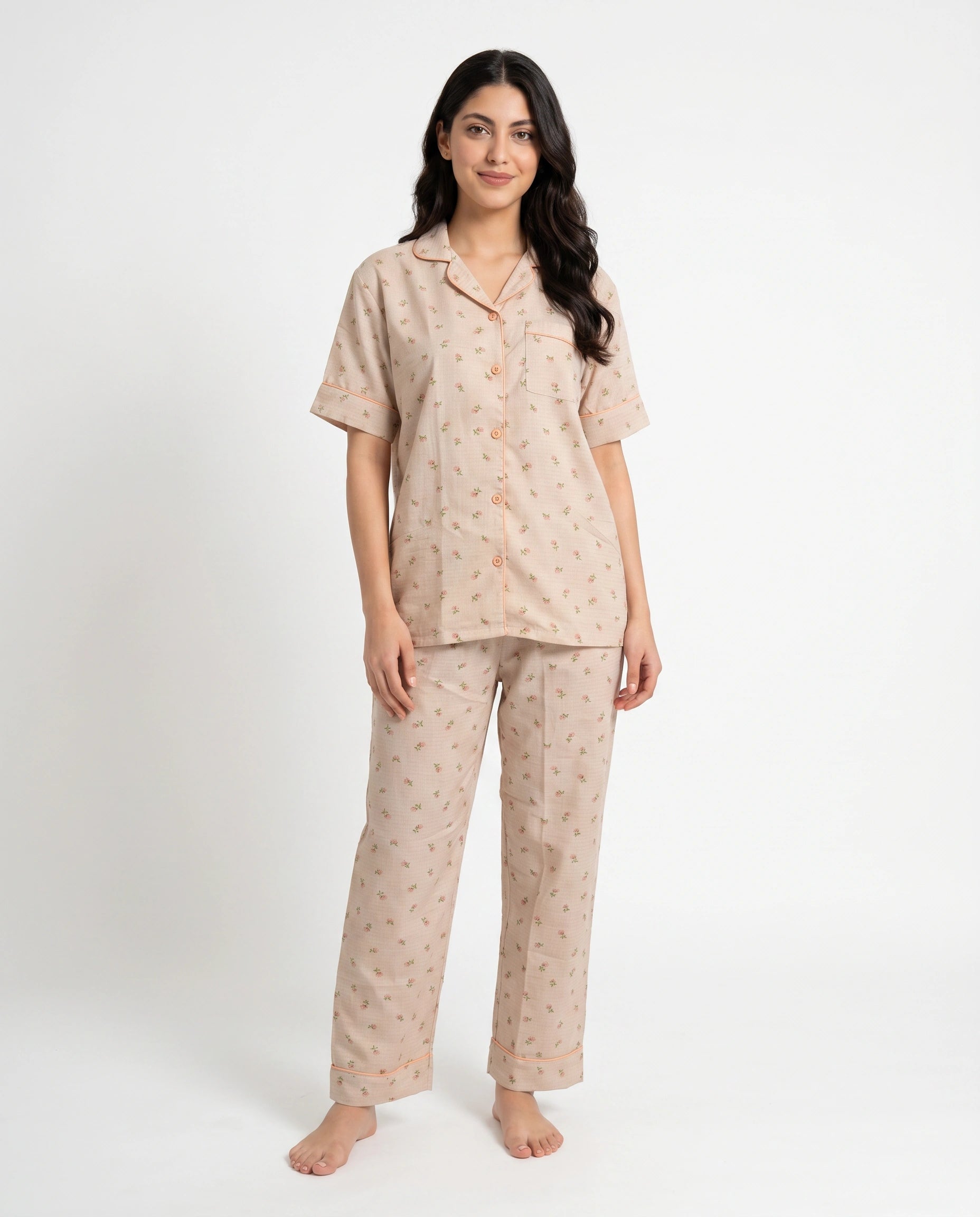 Summer Crinkled Pajama Suit - Flora - Brown