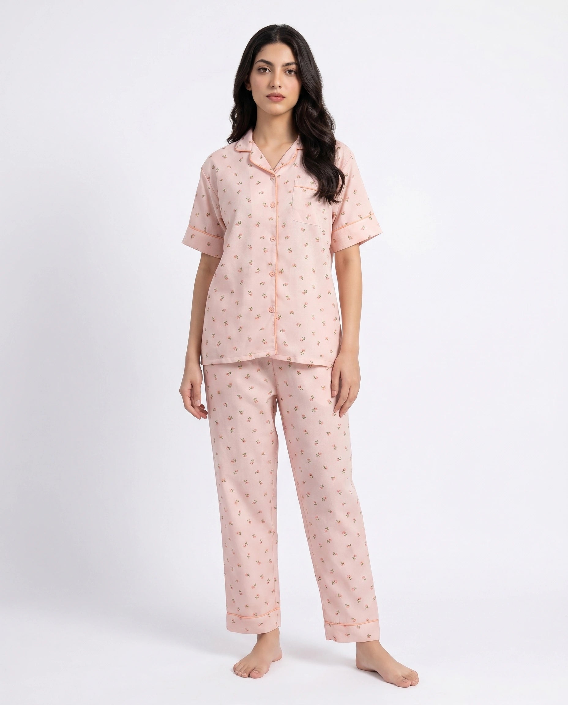 Summer Crinkled Pajama Suit - Flora - Dark Pink