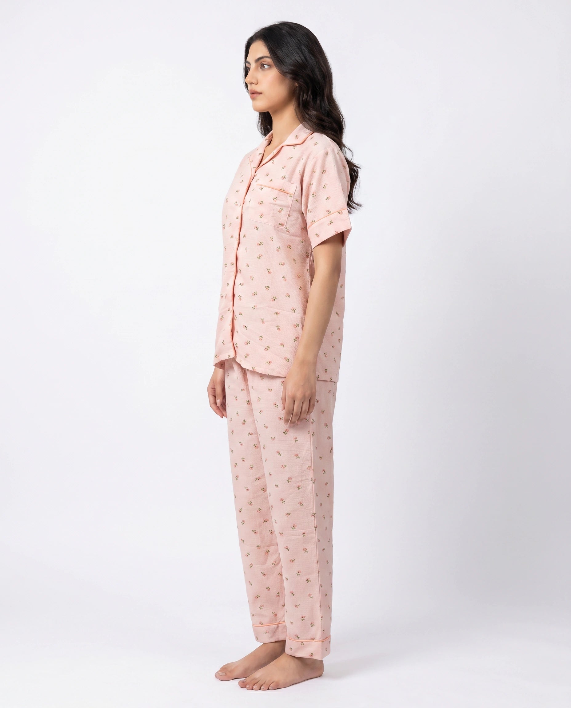 Summer Crinkled Pajama Suit - Flora - Dark Pink
