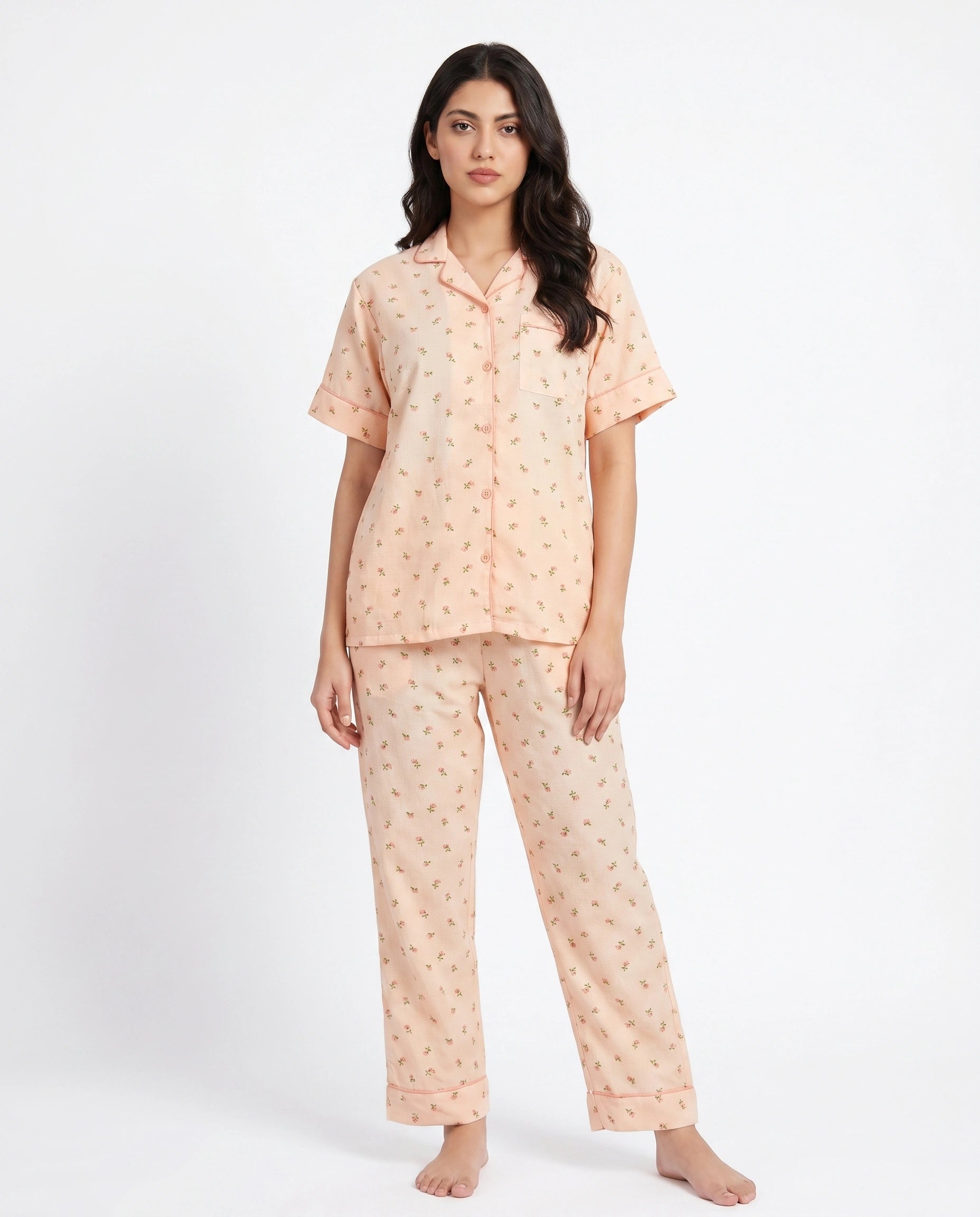 Summer Crinkled Pajama Suit - Flora - Peach
