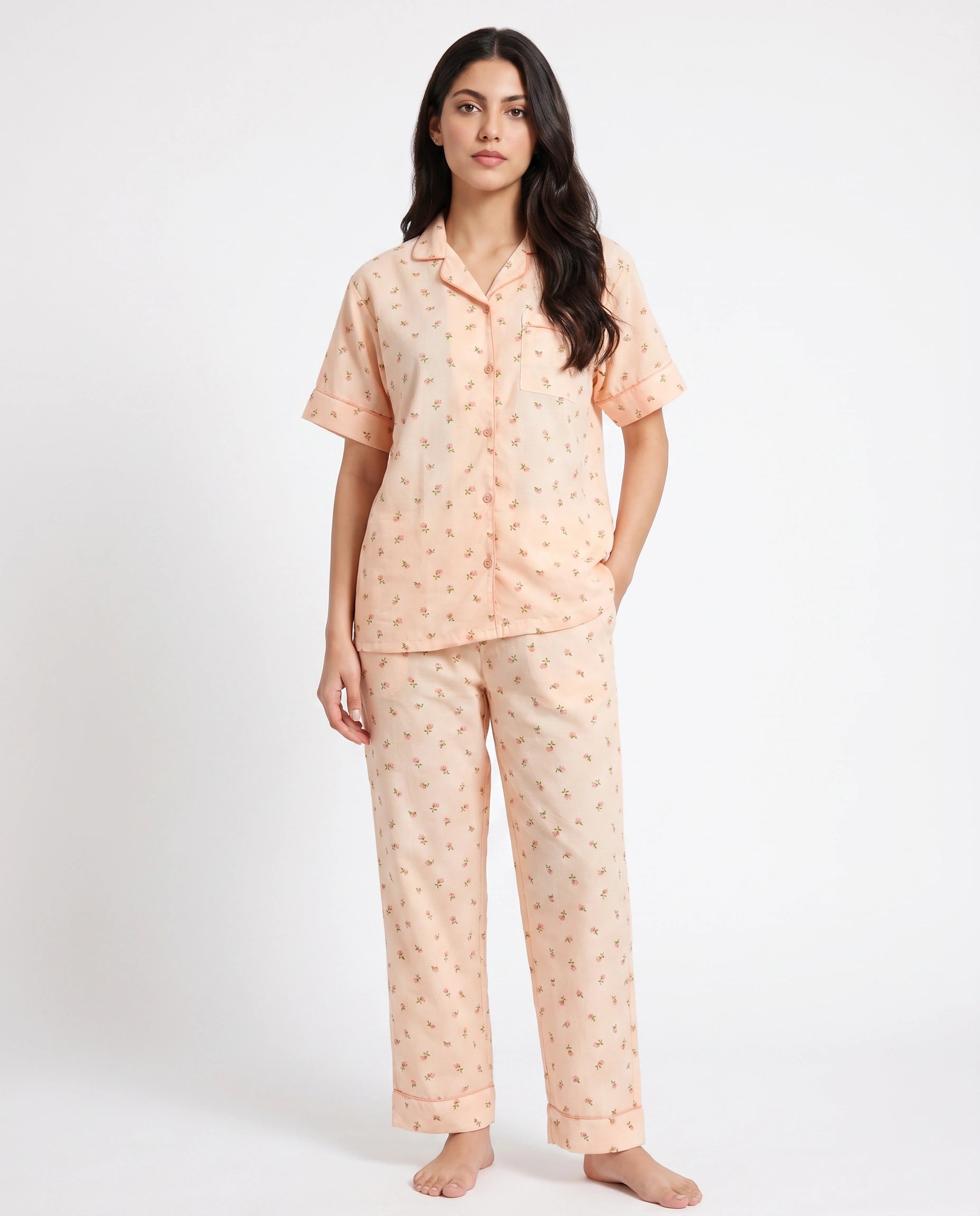 Summer Crinkled Pajama Suit - Flora - Peach