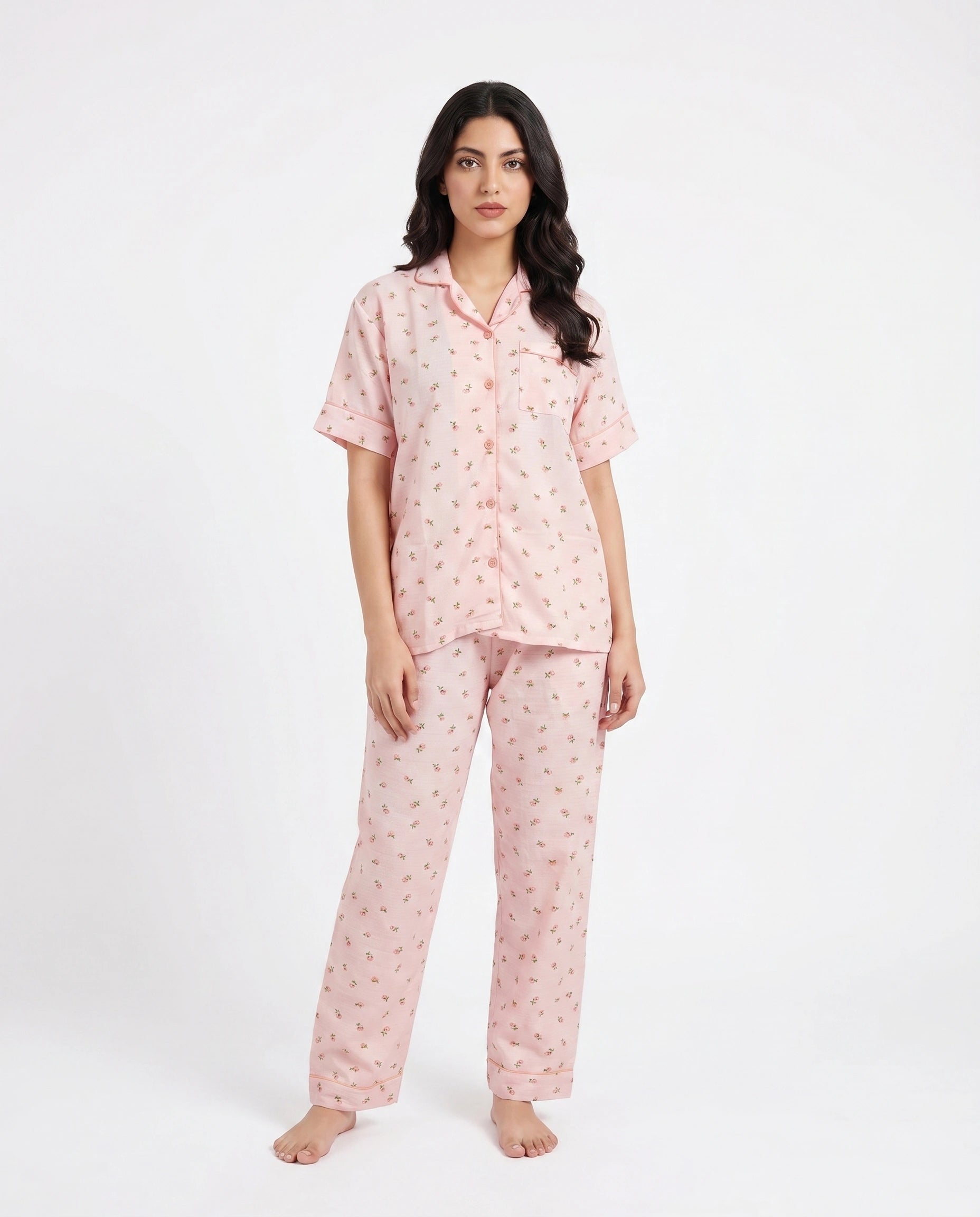 Summer Crinkled Pajama Suit - Flora - Pink