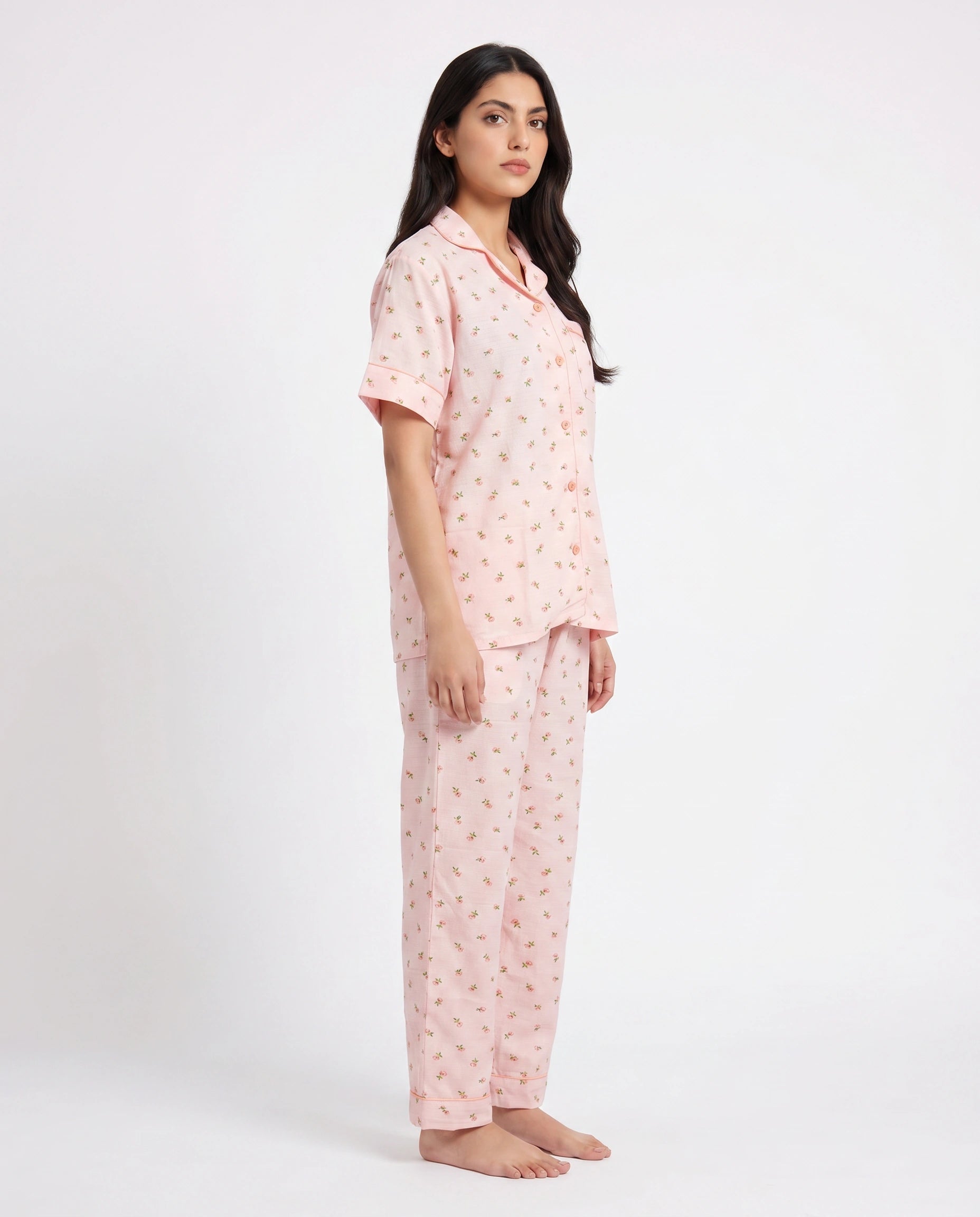 Summer Crinkled Pajama Suit - Flora - Pink