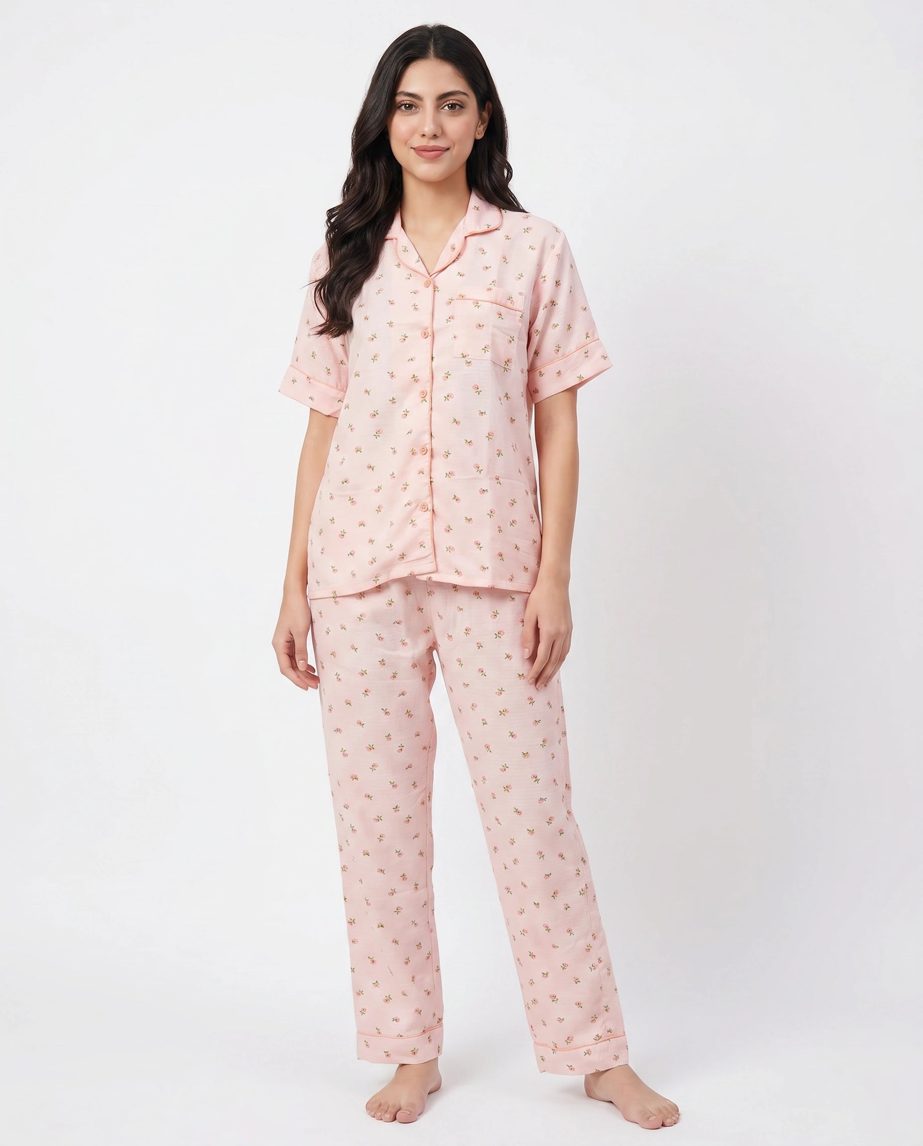 Summer Crinkled Pajama Suit - Flora - Pink