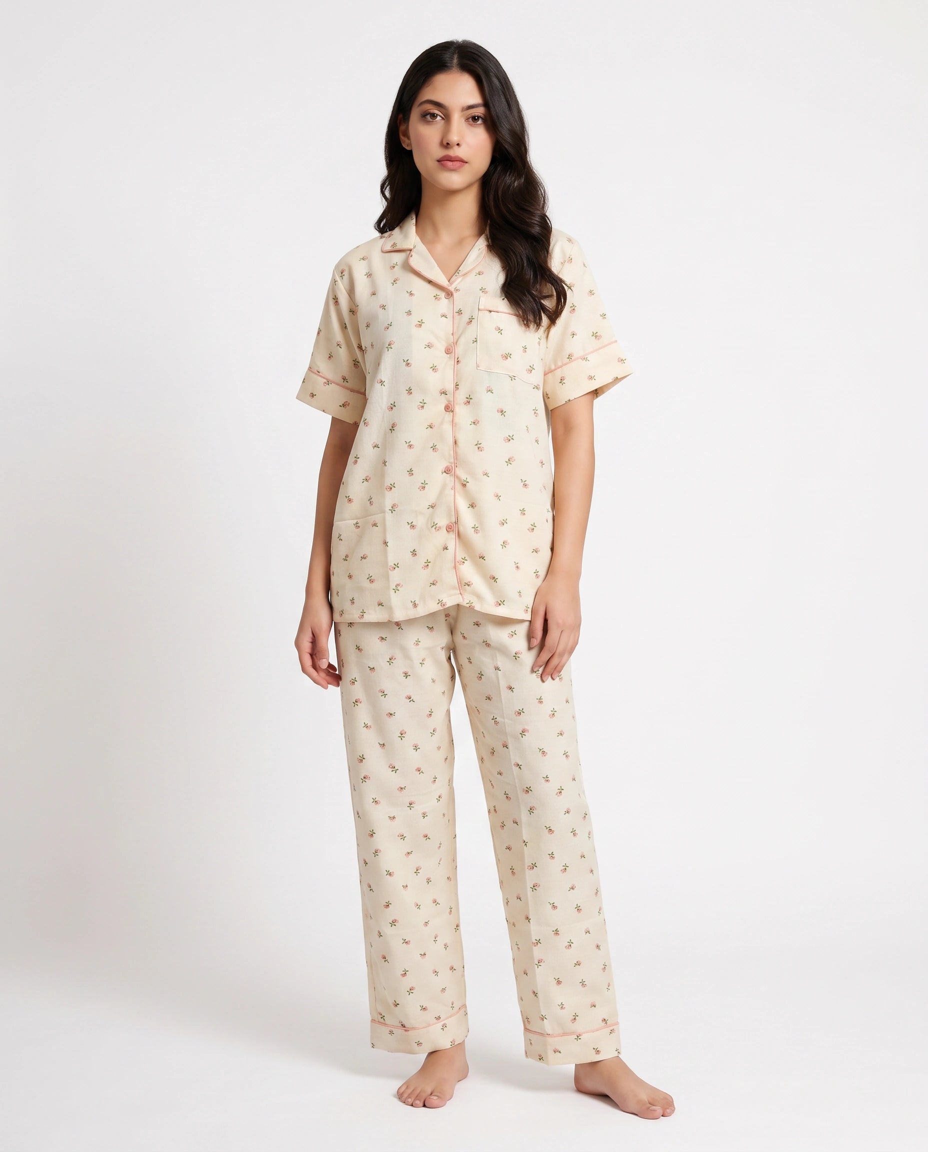 Summer Crinkled Pajama Suit - Flora - Beige
