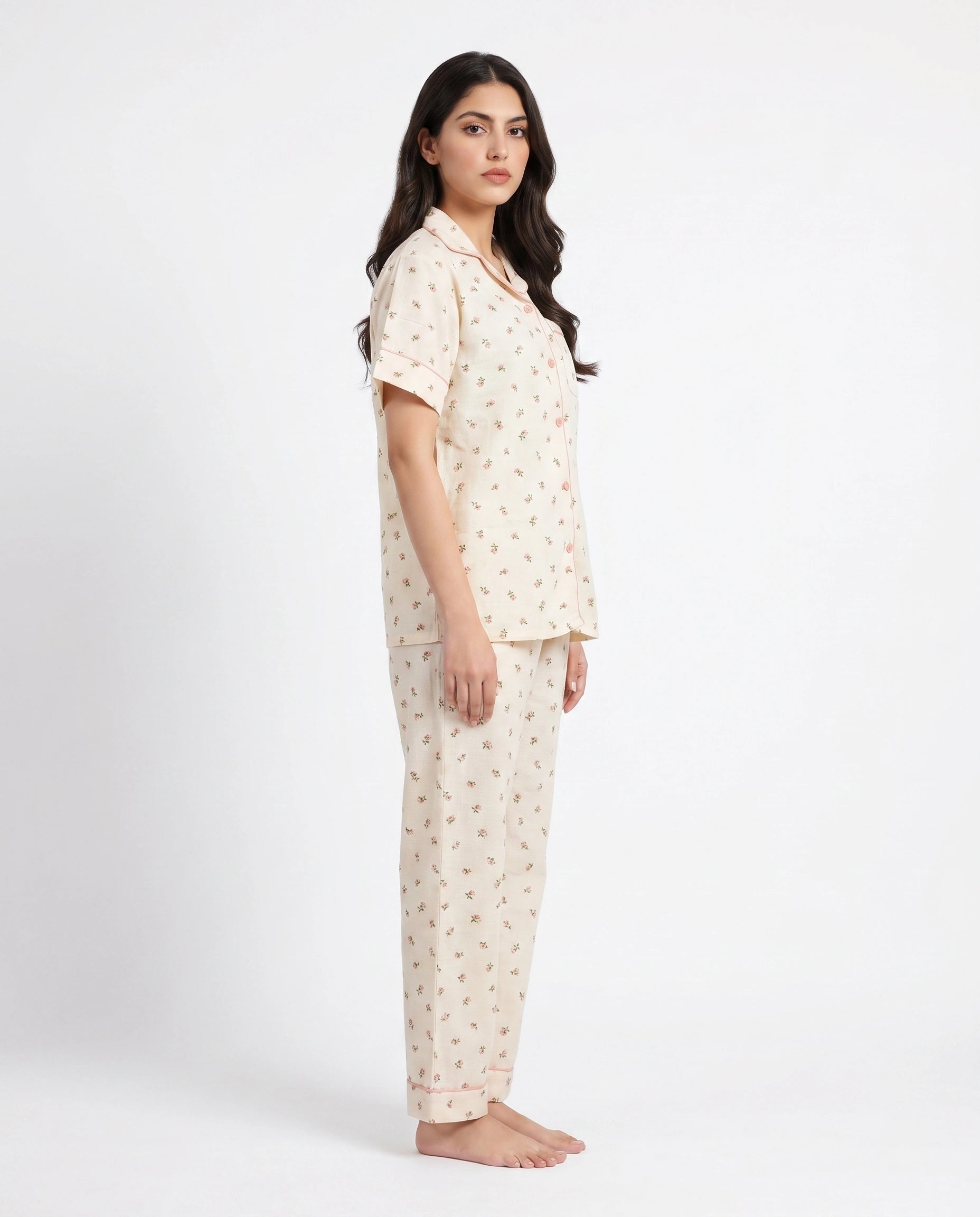 Summer Crinkled Pajama Suit - Flora - Beige
