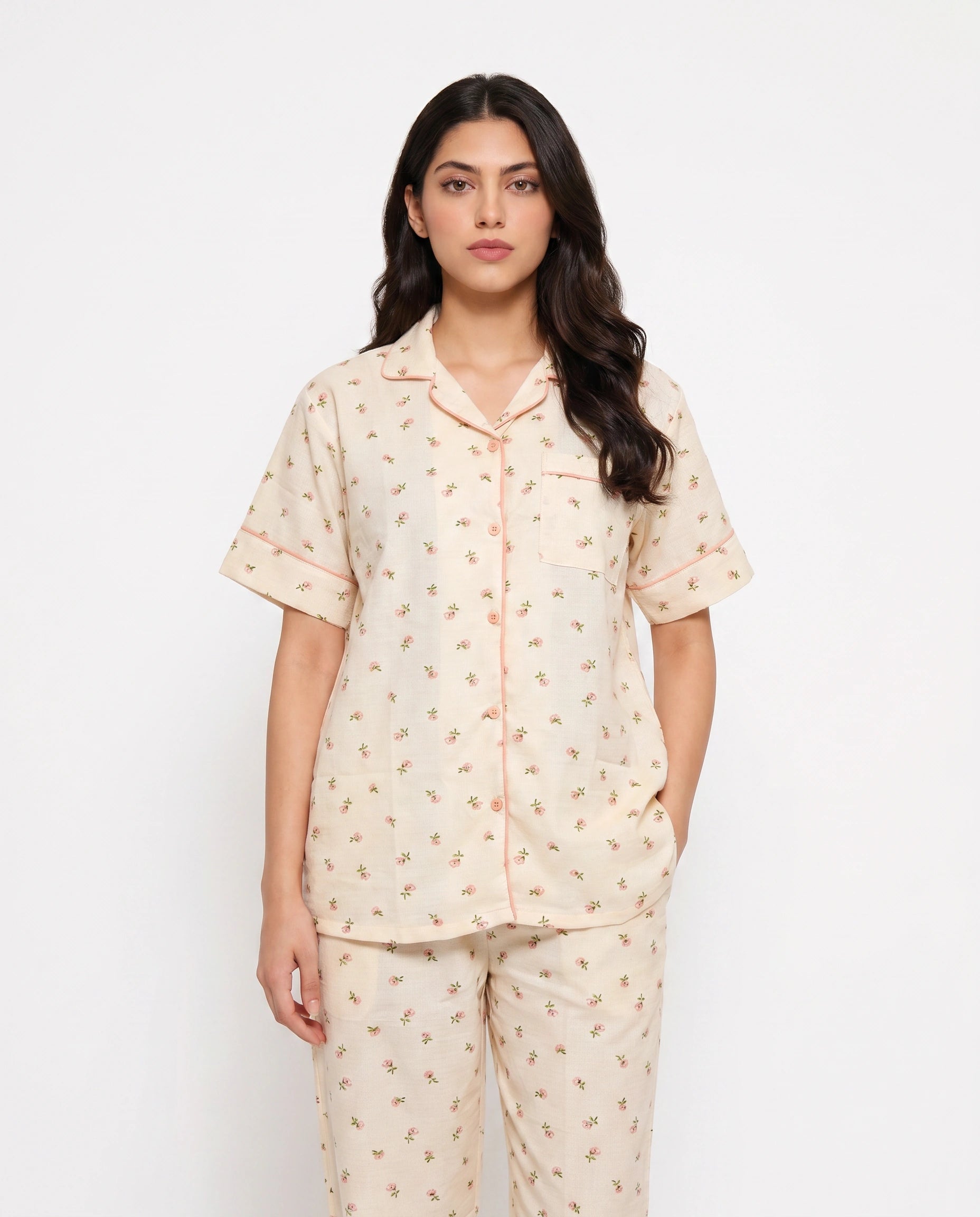 Summer Crinkled Pajama Suit - Flora - Beige
