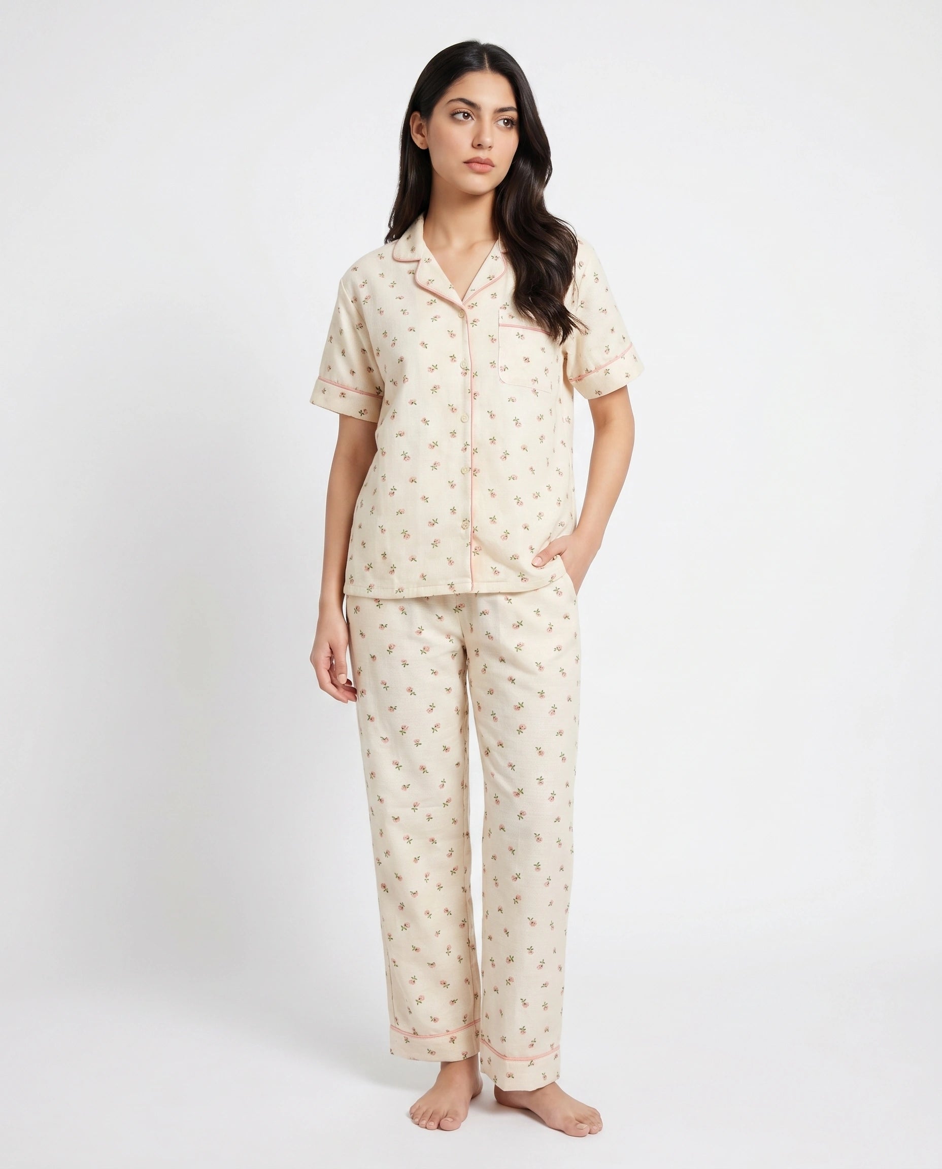 Summer Crinkled Pajama Suit - Flora - Beige