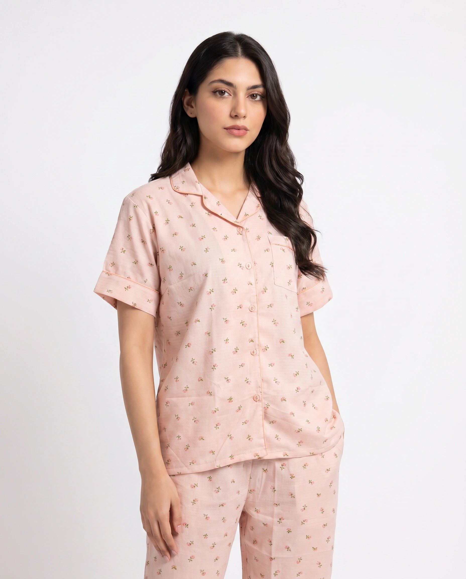 Summer Crinkled Pajama Suit - Flora - Dark Pink
